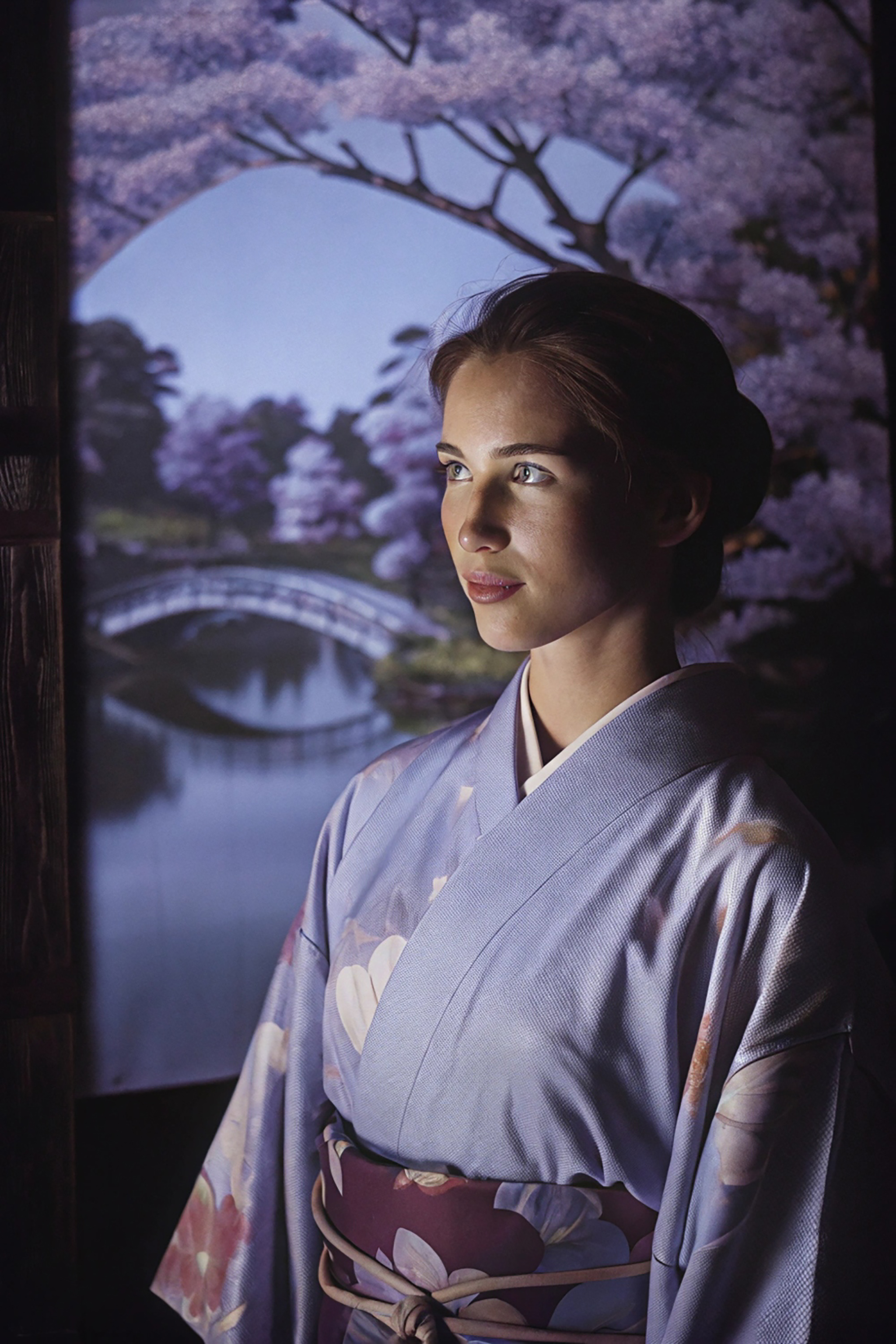 Woman in lavender kimono, looking away.