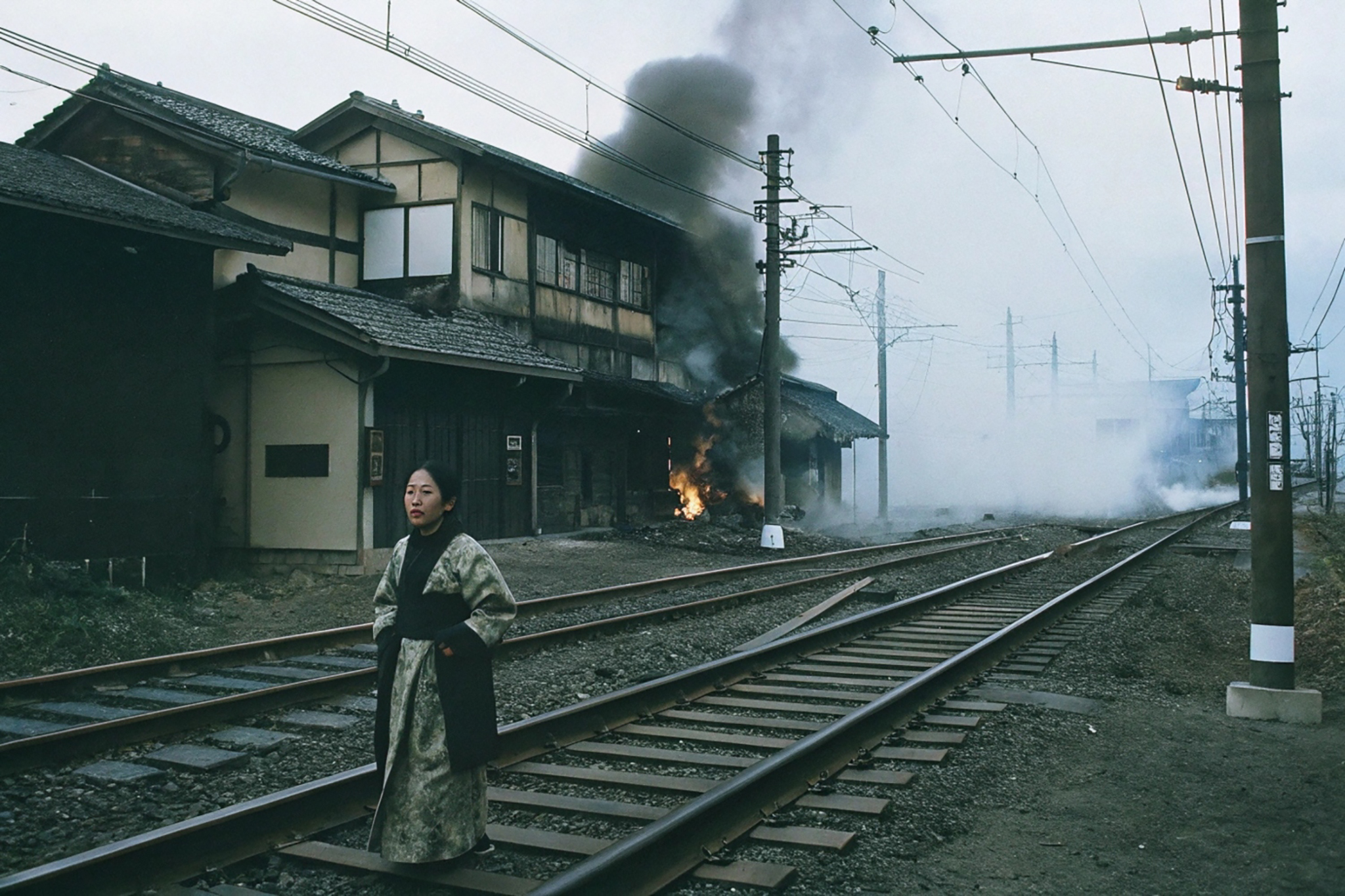 Woman in dark robe stands on train tracks near burning building.