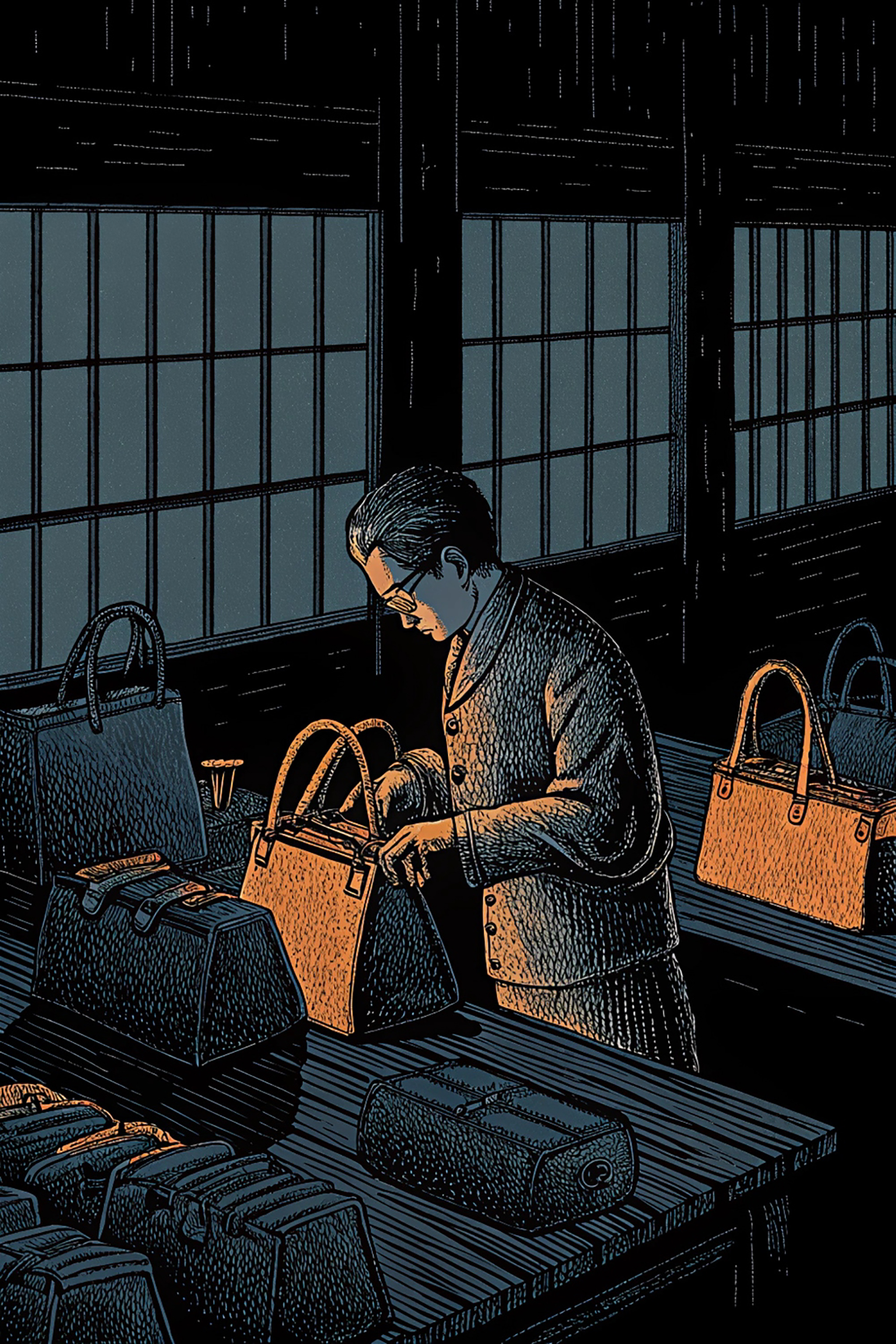 Person inspecting handbags in a dimly lit workshop.