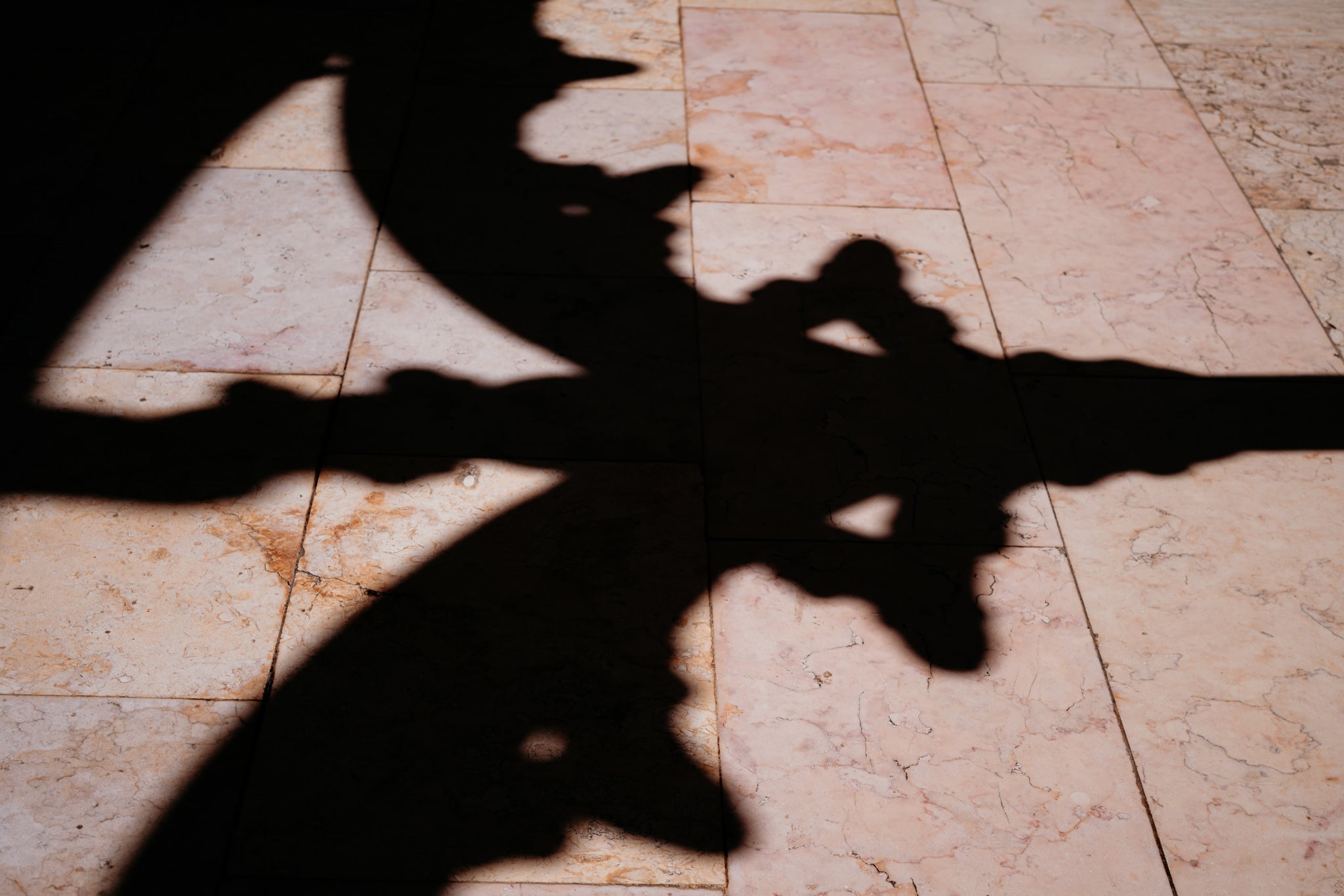 Shadow of ornate metalwork on a tiled floor.