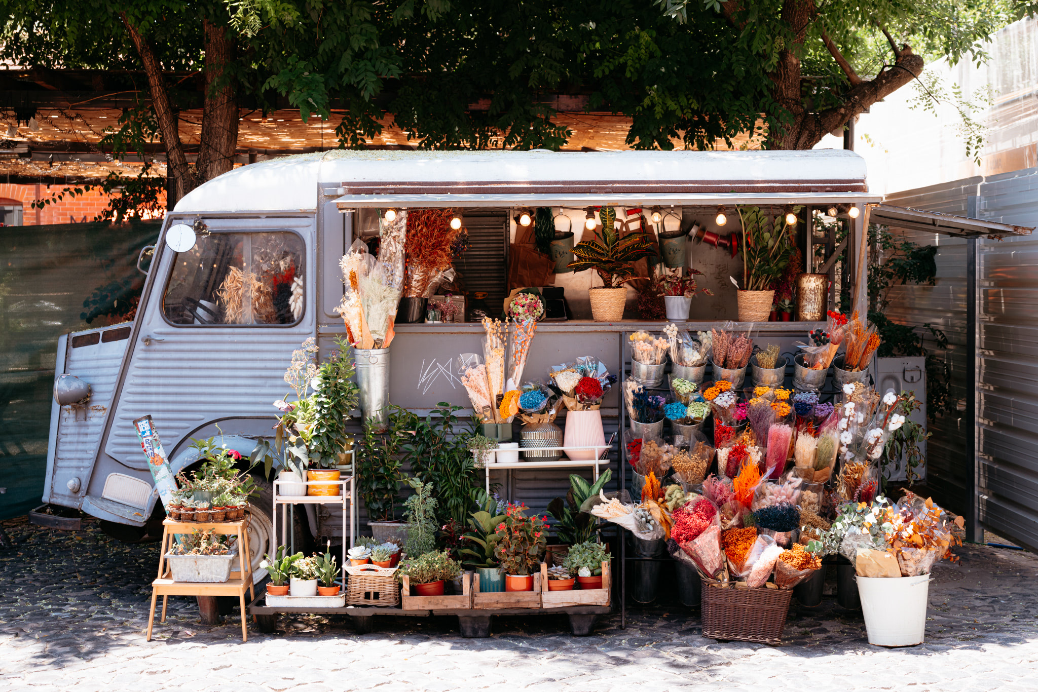 Flower stall in a vintage van.