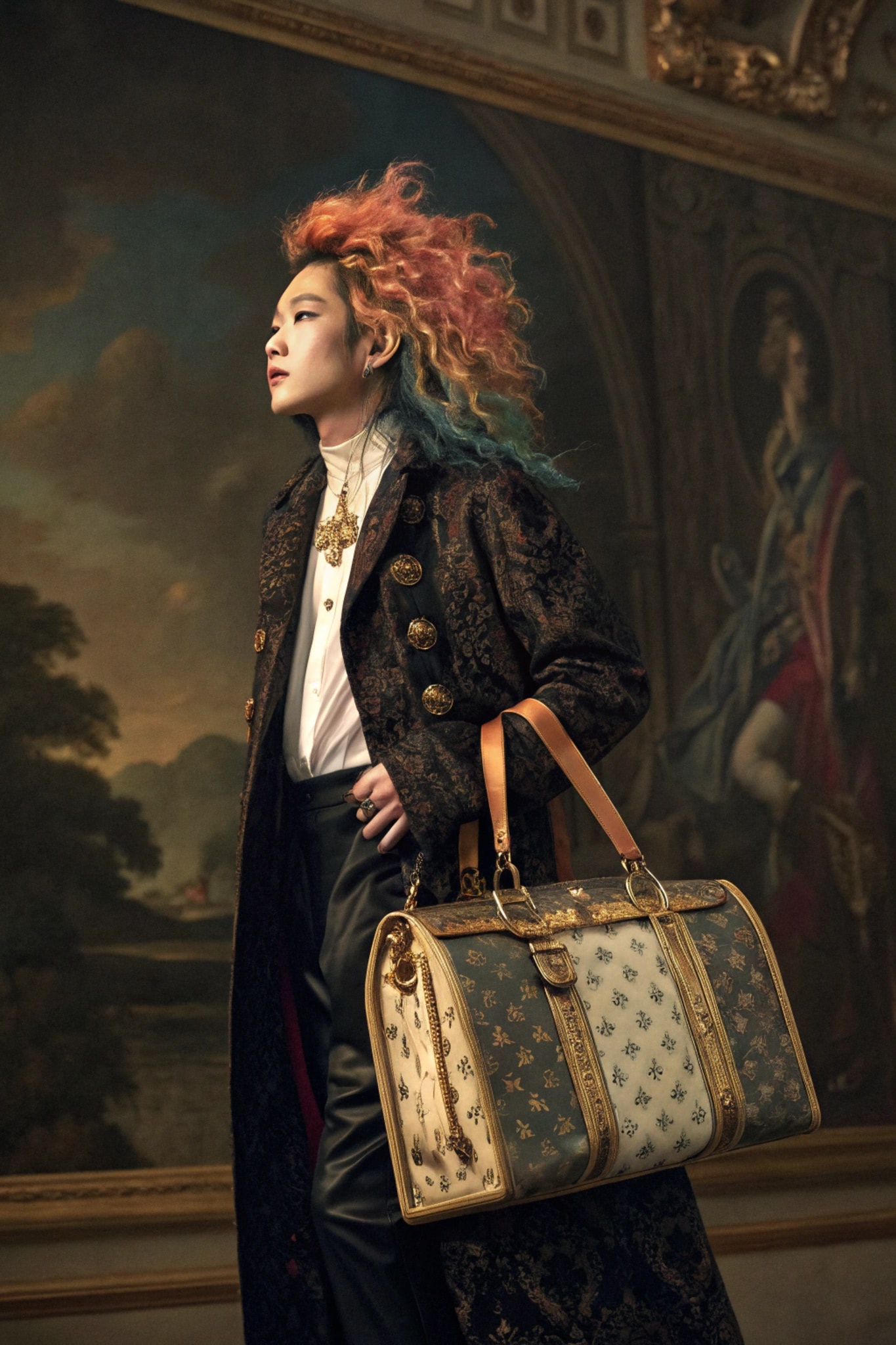 Person with colorful hair wearing a long coat and carrying a patterned handbag, standing in front of a large painting.