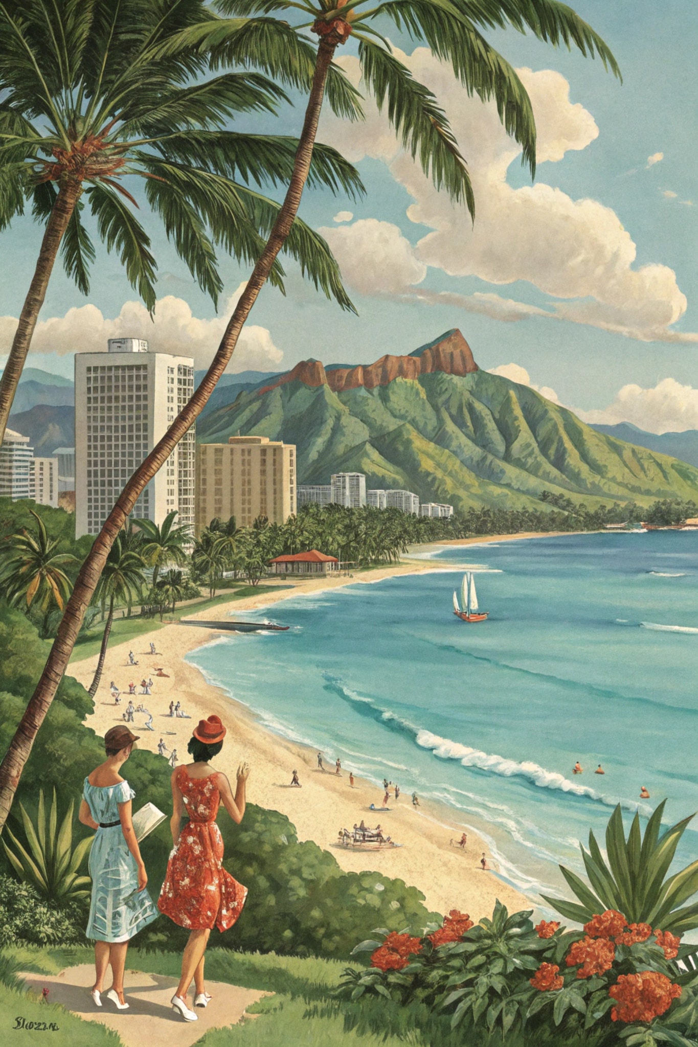 Painting of a tropical beach with palm trees, women, and distant mountains.