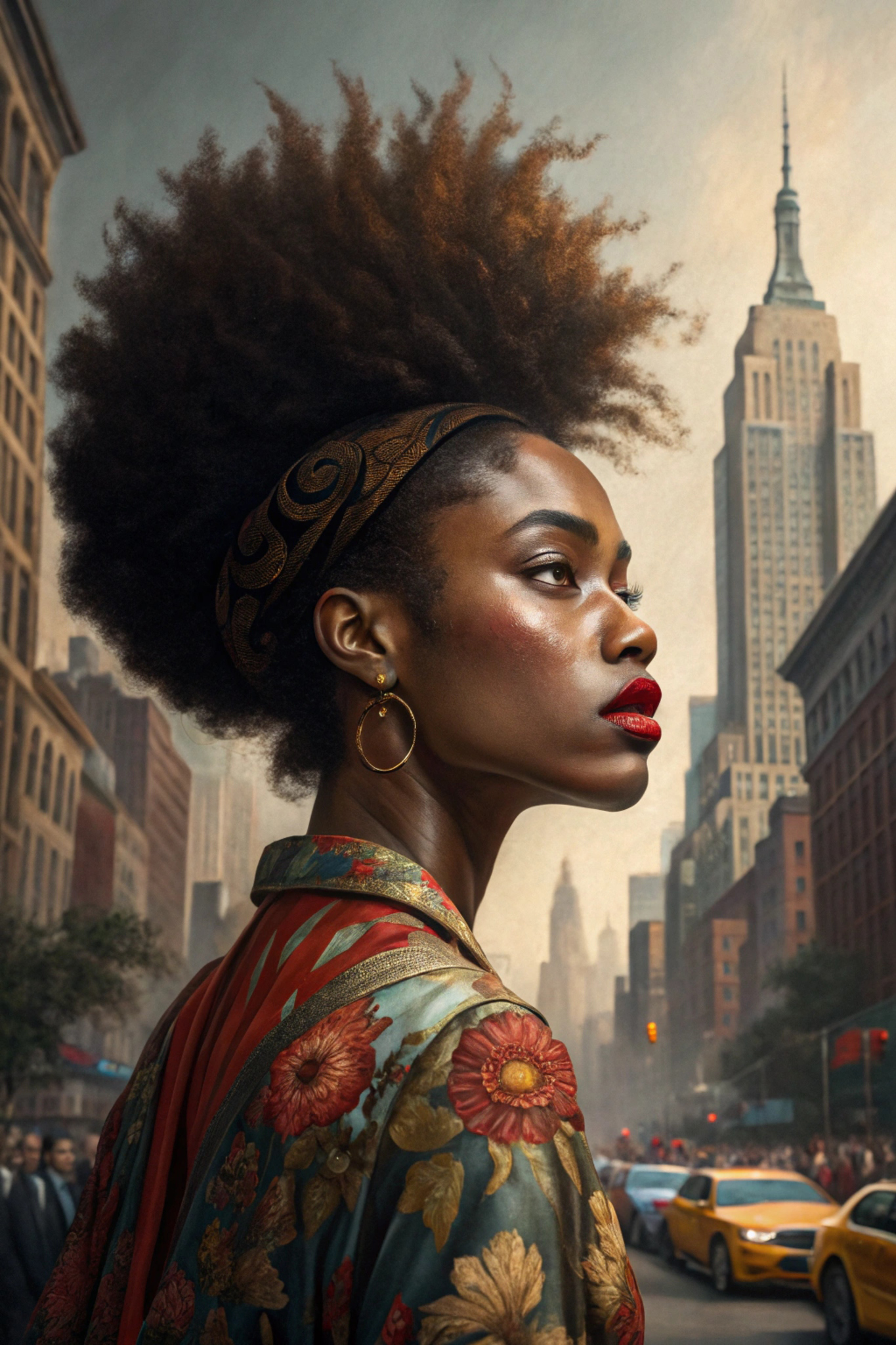 Painting of a woman with an afro and floral coat in a New York City street.