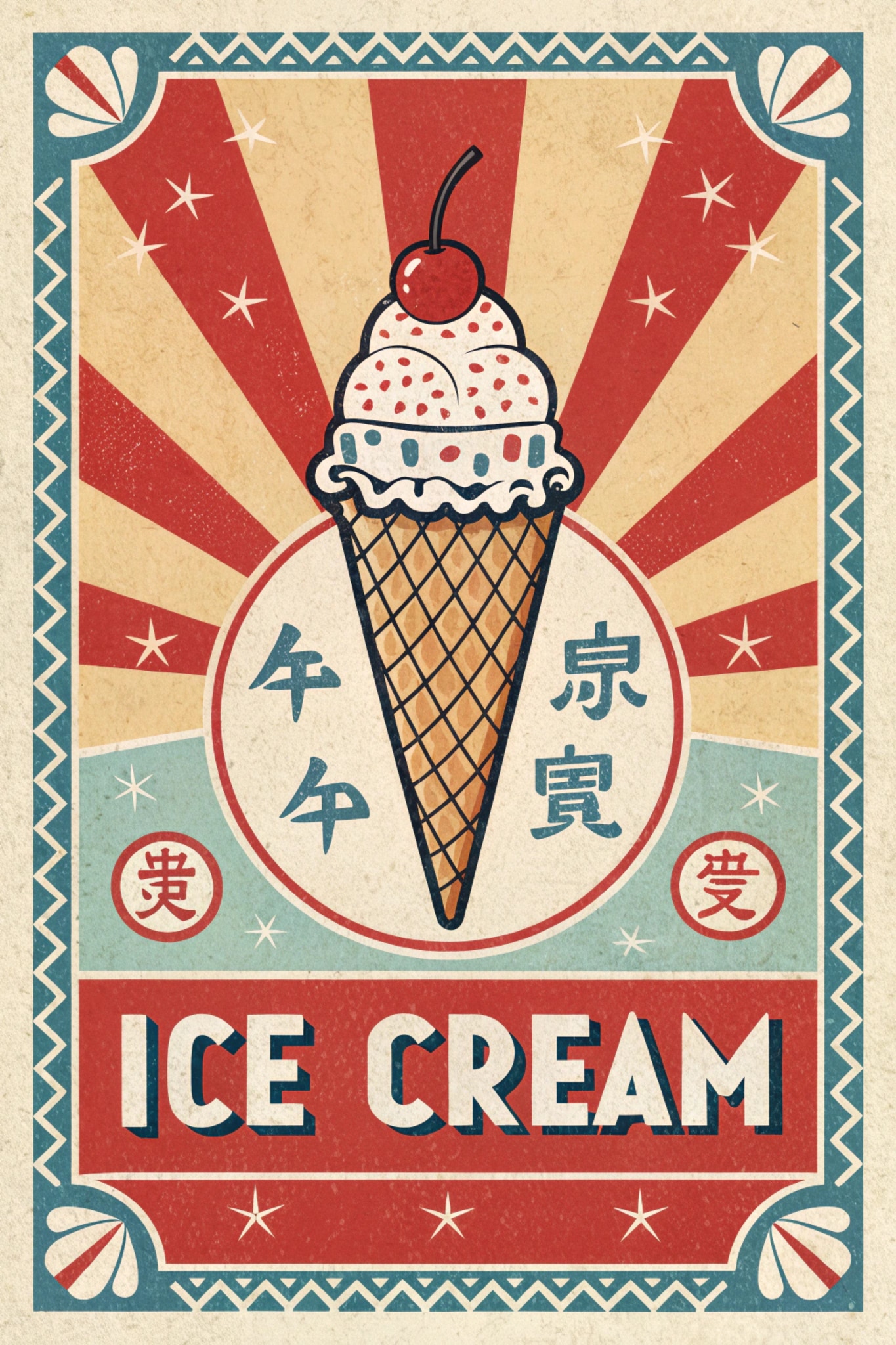 Retro-style poster of an ice cream cone with Chinese characters.