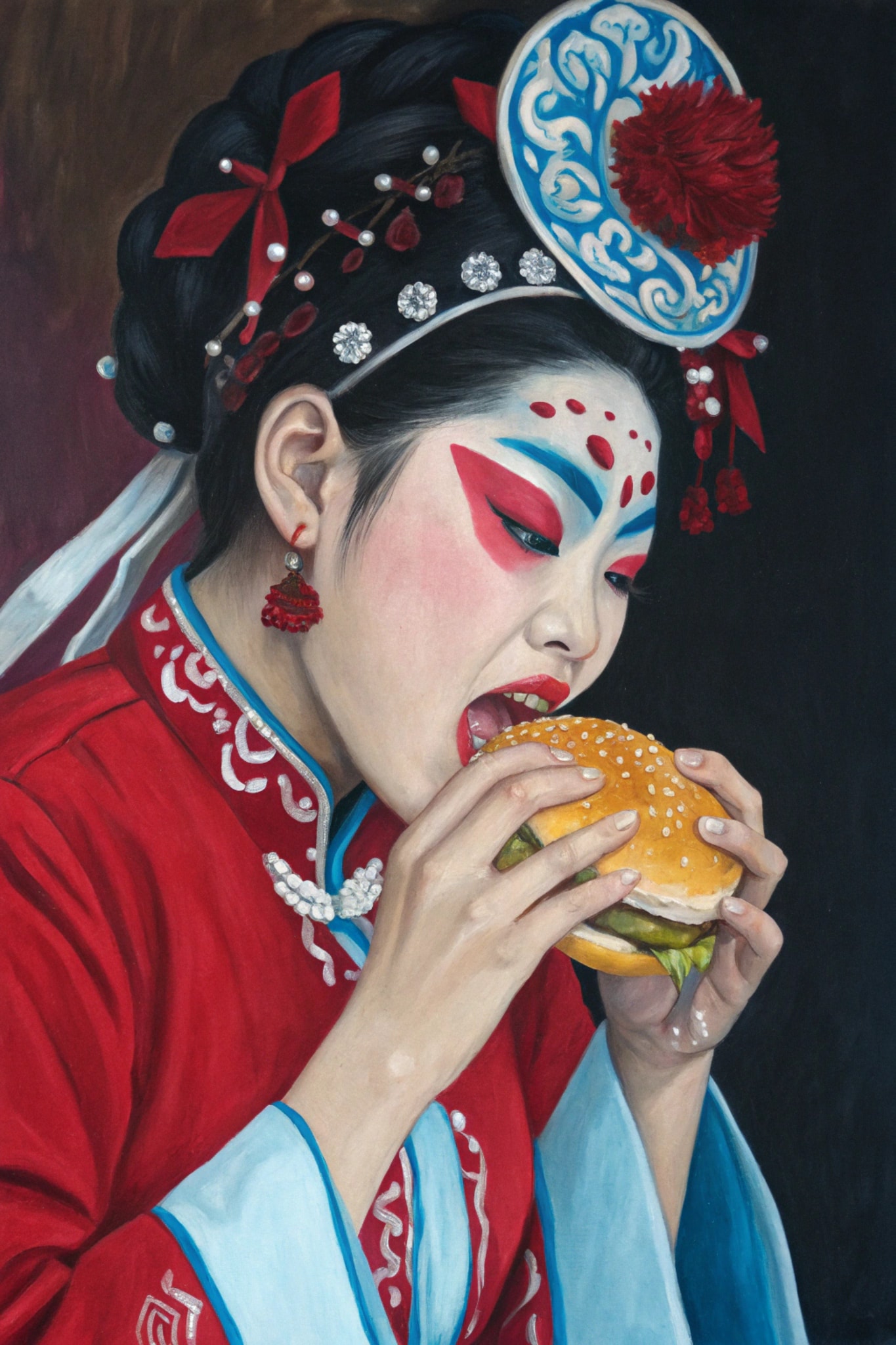 An oil painting of a Chinese Opera performer eating a cheeseburger.