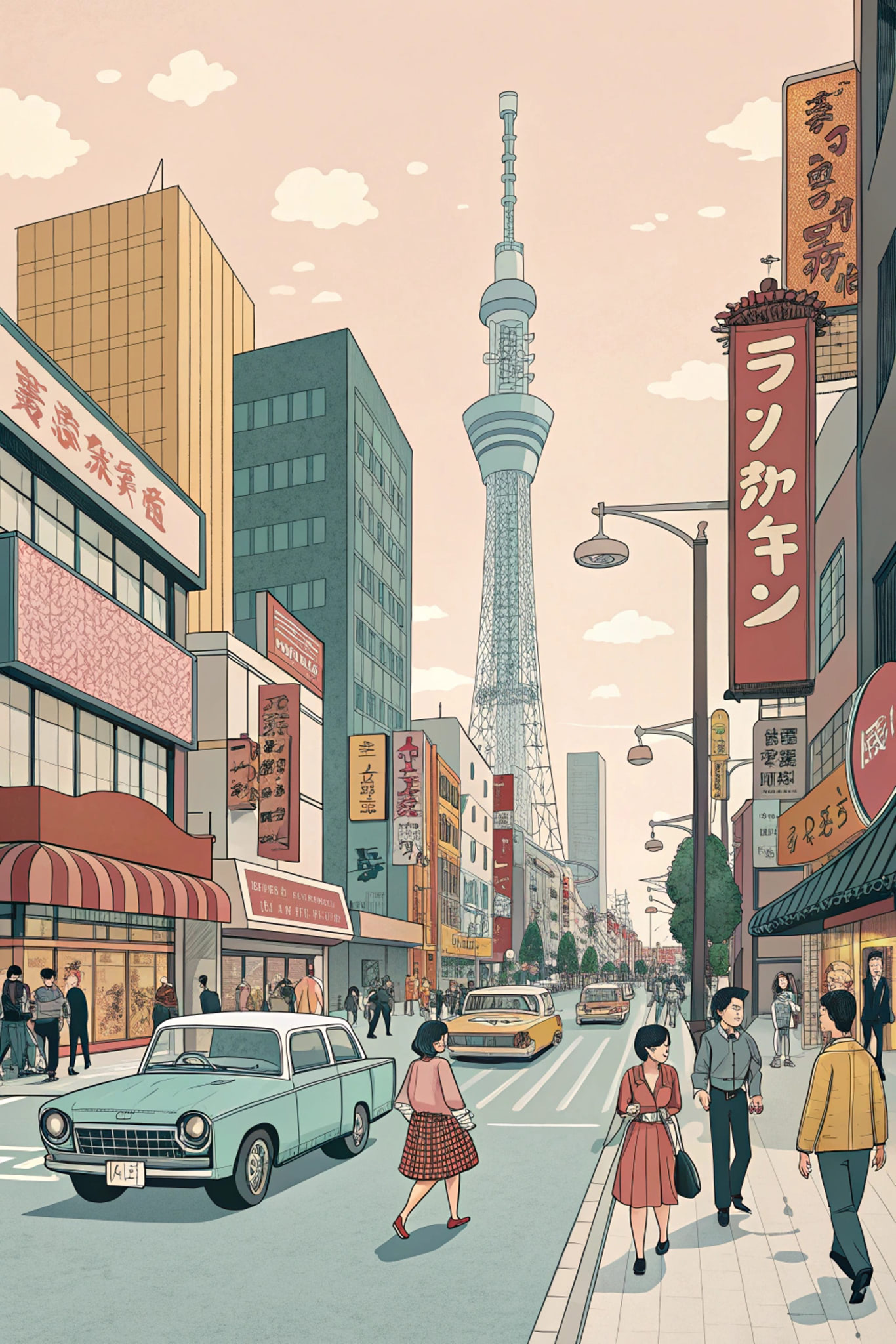 Illustration of a Tokyo street scene with Tokyo Skytree in the background.