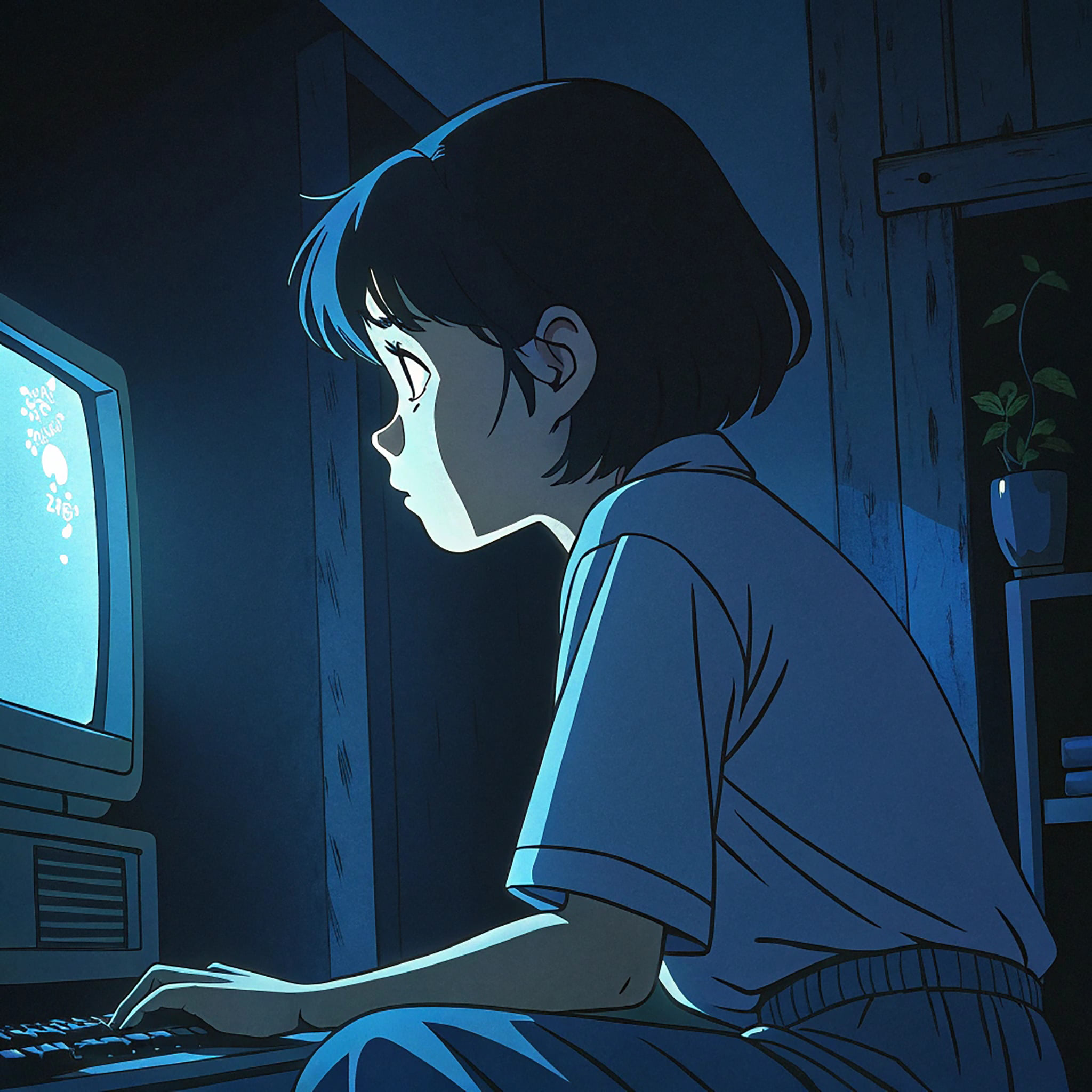 Anime style illustration of a young person looking at an old computer screen.