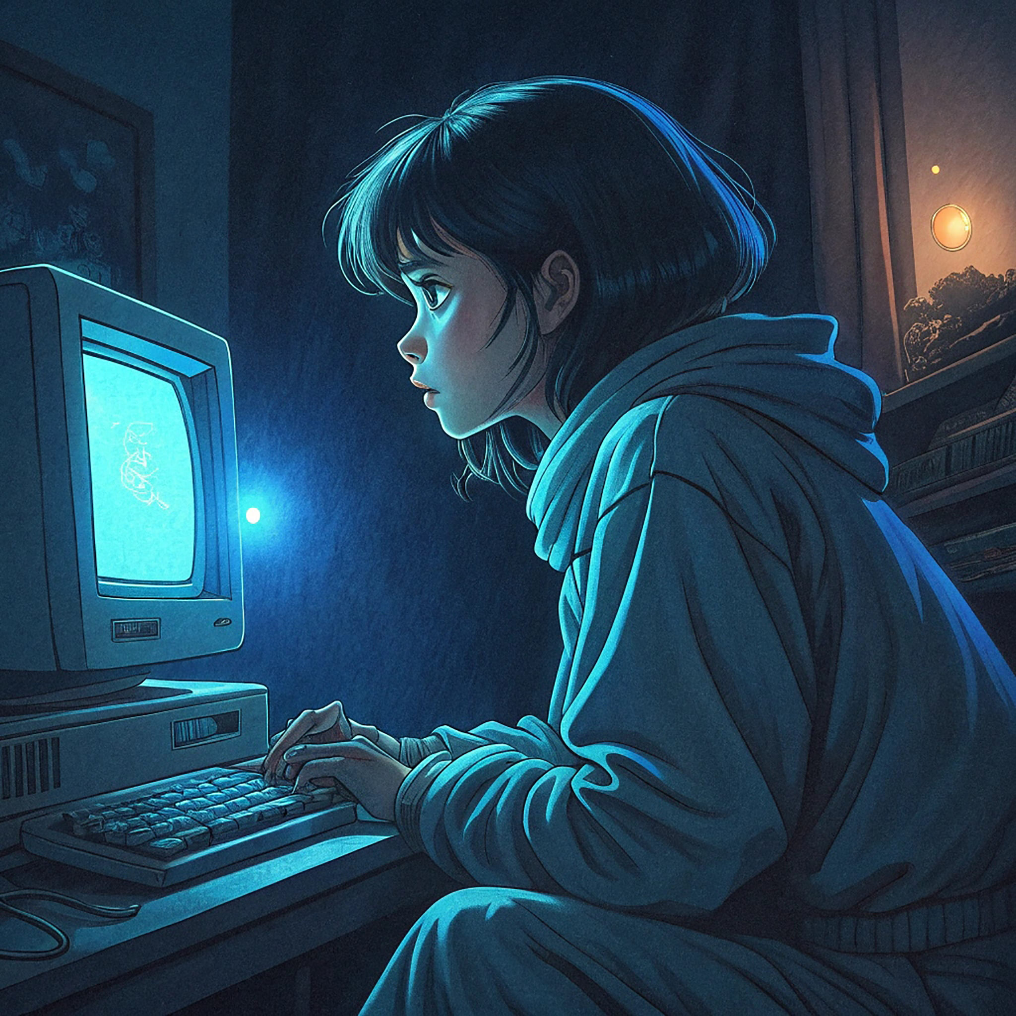 A person types on a computer keyboard in a dark room.