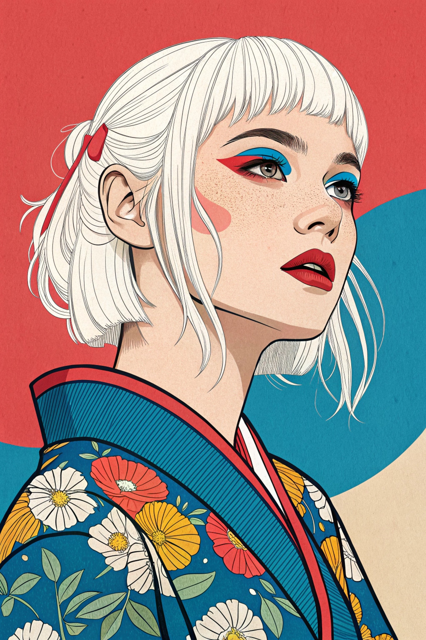 Illustration of a woman with short white hair wearing a floral patterned kimono and bold makeup.