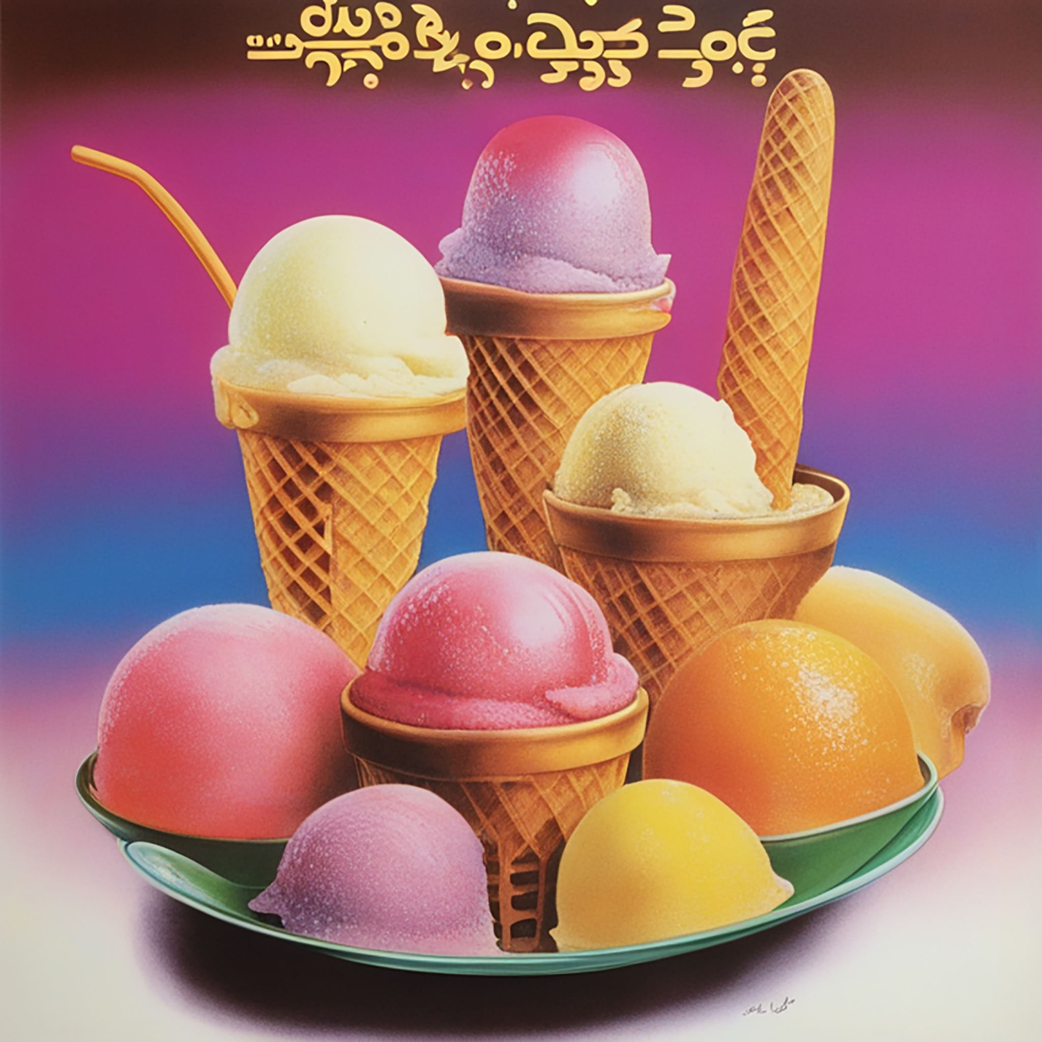 Assorted ice cream scoops and cones on a plate, against a pink and purple background with decorative lettering.