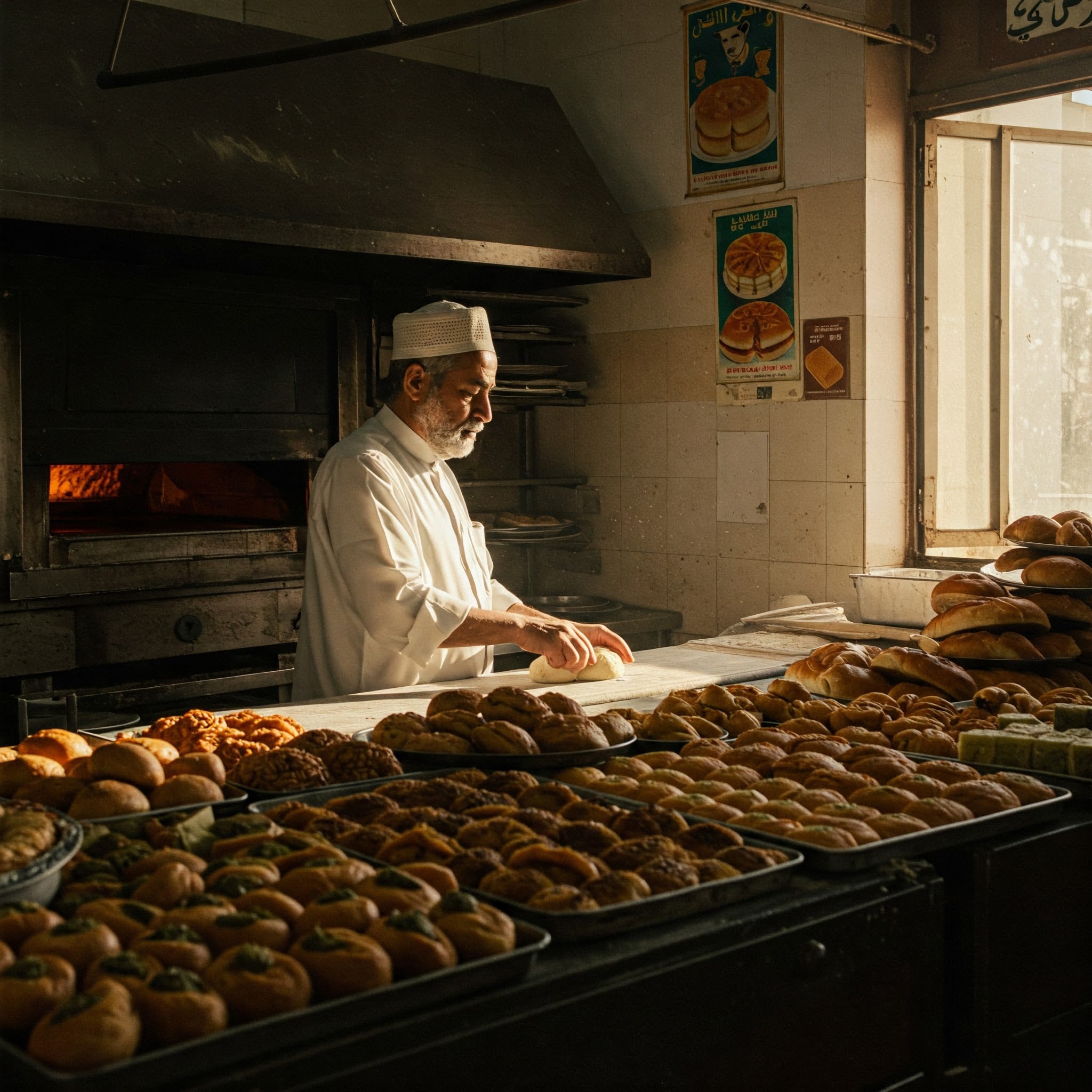 Baker in a white uniform shaping dough in front of a large oven with trays of baked goods displayed.