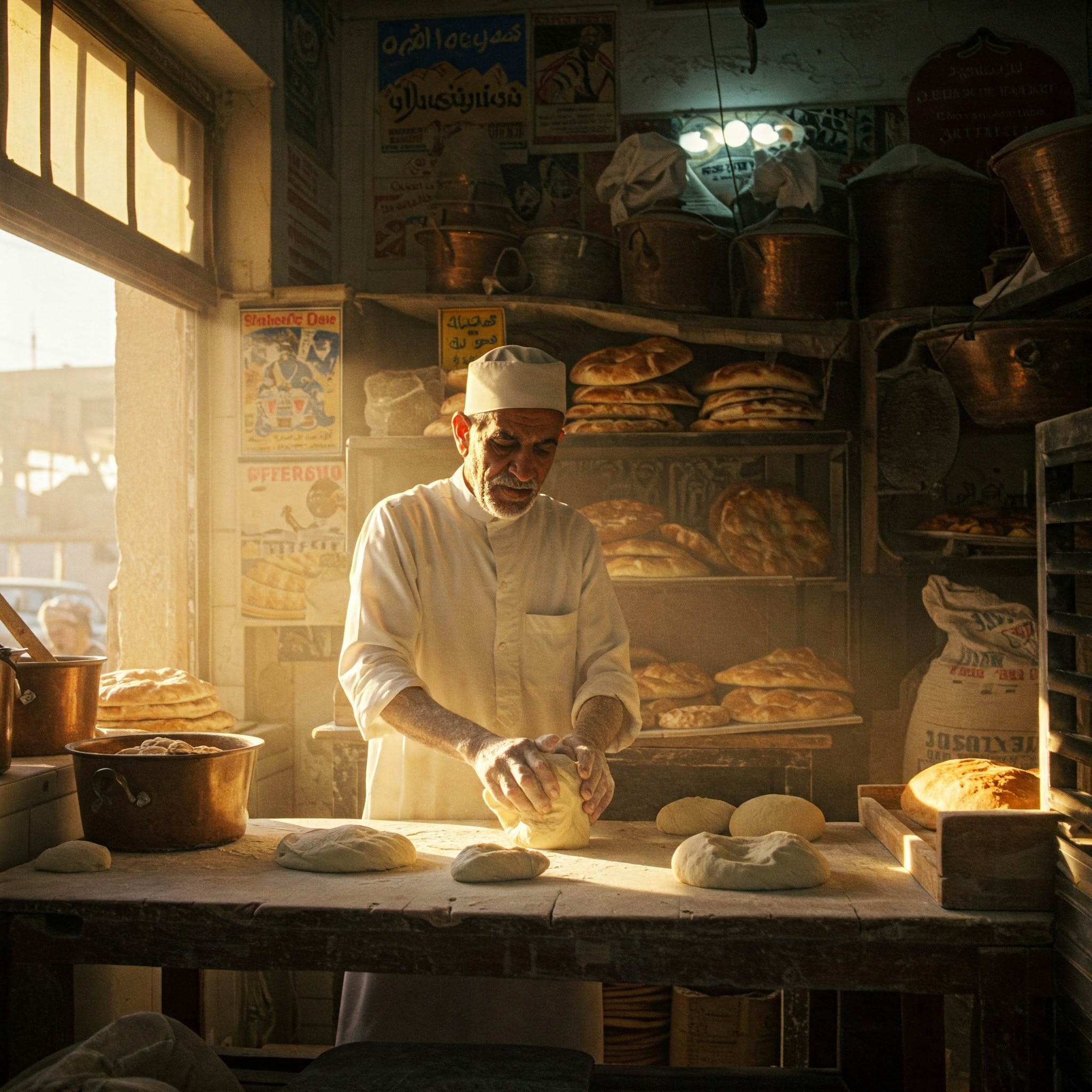A baker kneading dough in a bakery.