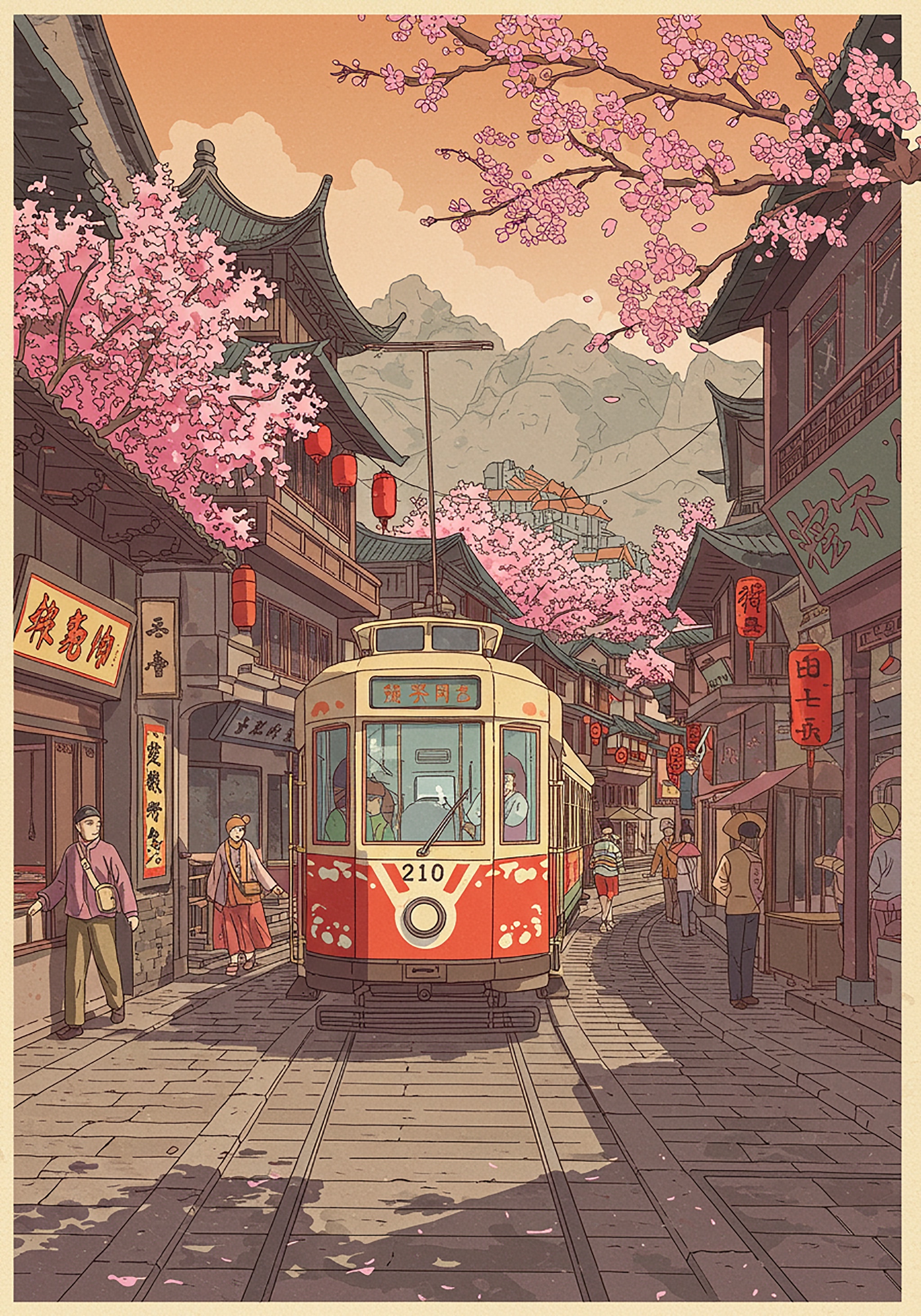 A tram car travels down a street lined with Asian-style buildings and blooming cherry blossoms.