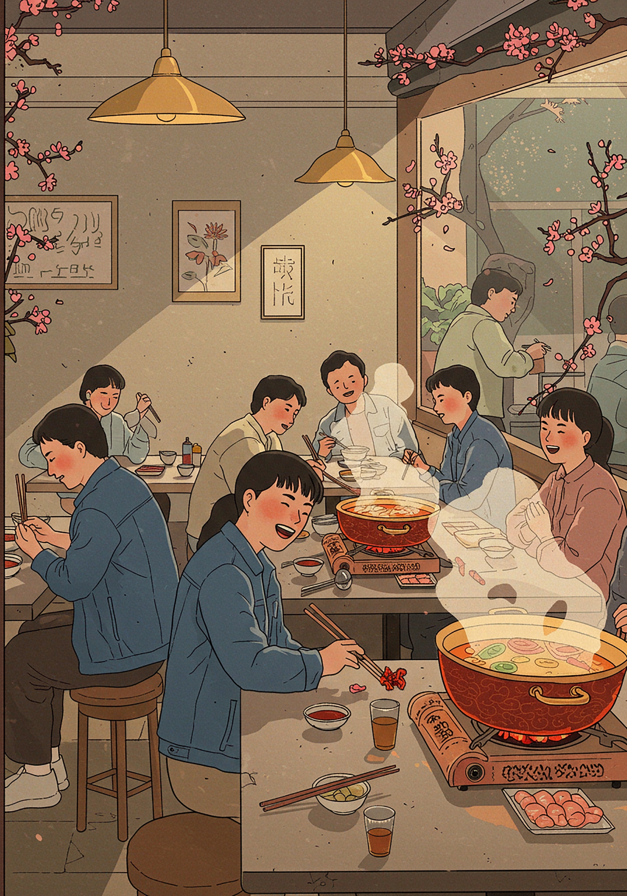 Illustration of a group of people enjoying a hotpot meal at a restaurant.