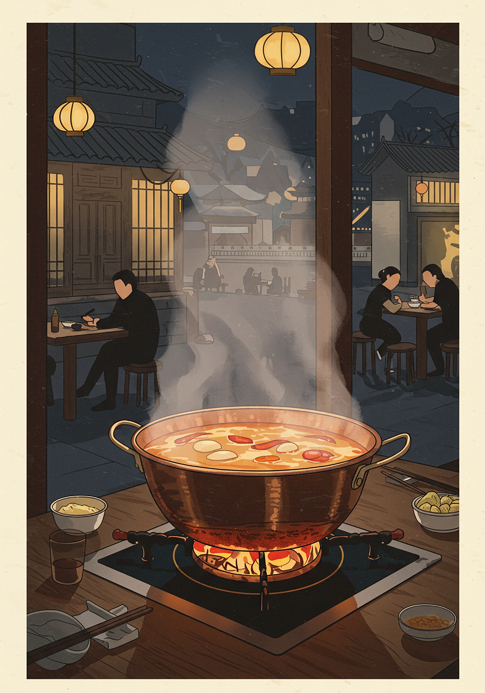 Illustration of a steaming hot pot in an Asian restaurant.