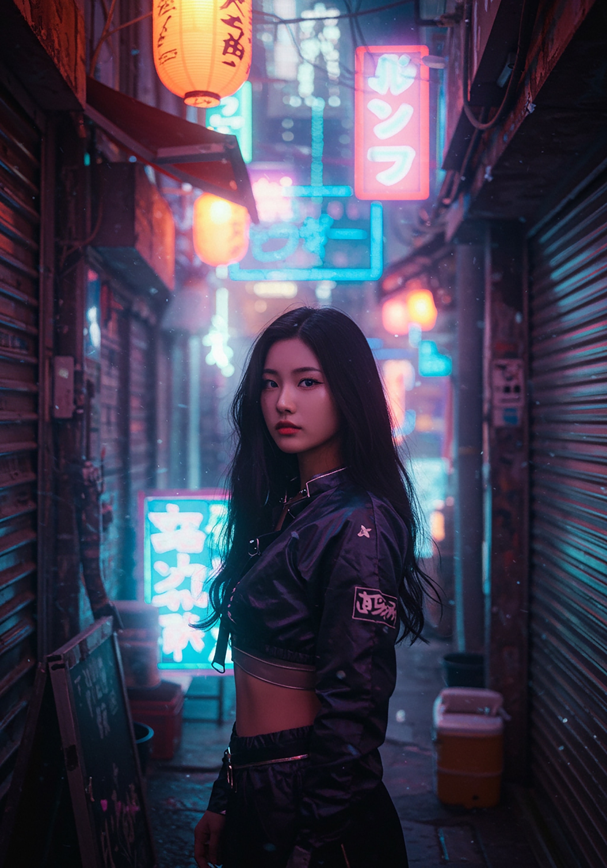 Woman in cyberpunk-lit alley.