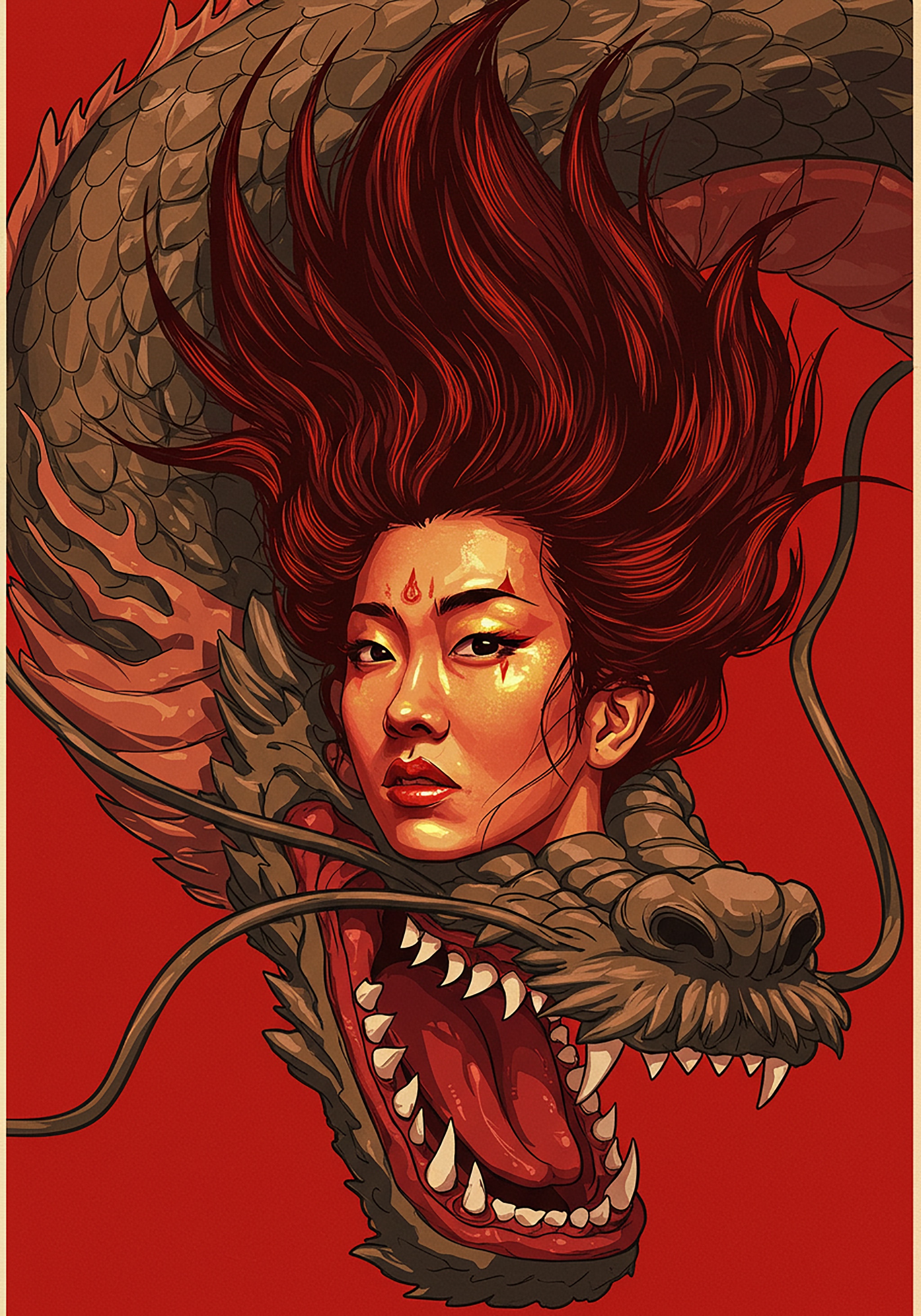 Illustration of an Asian woman and a dragon.
