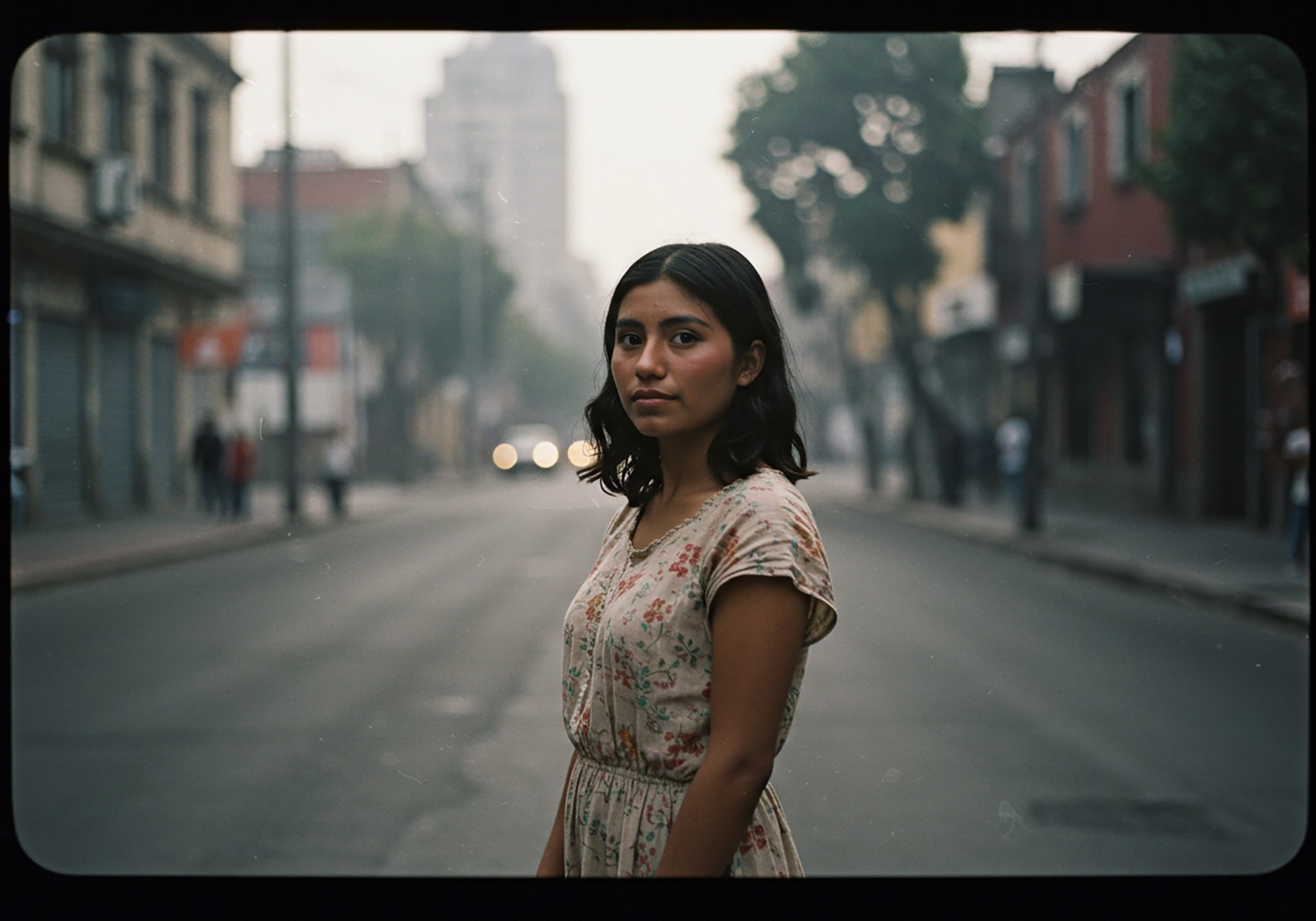 Portrait of a young woman standing in the middle of a city street.