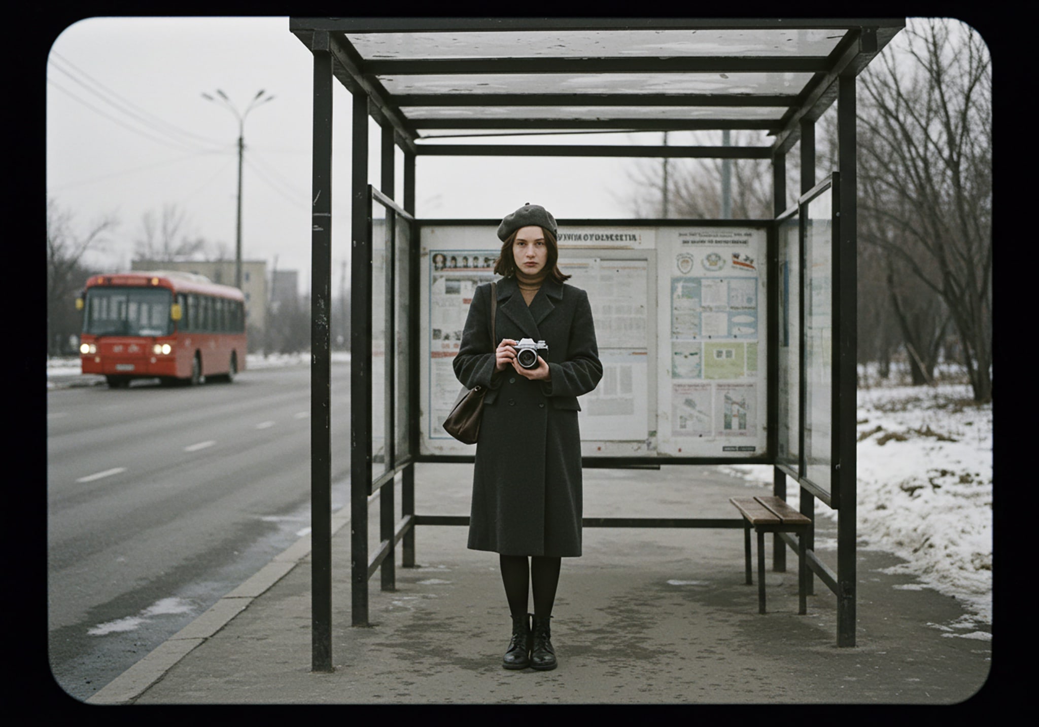 A woman stands in a bus stop holding a camera.