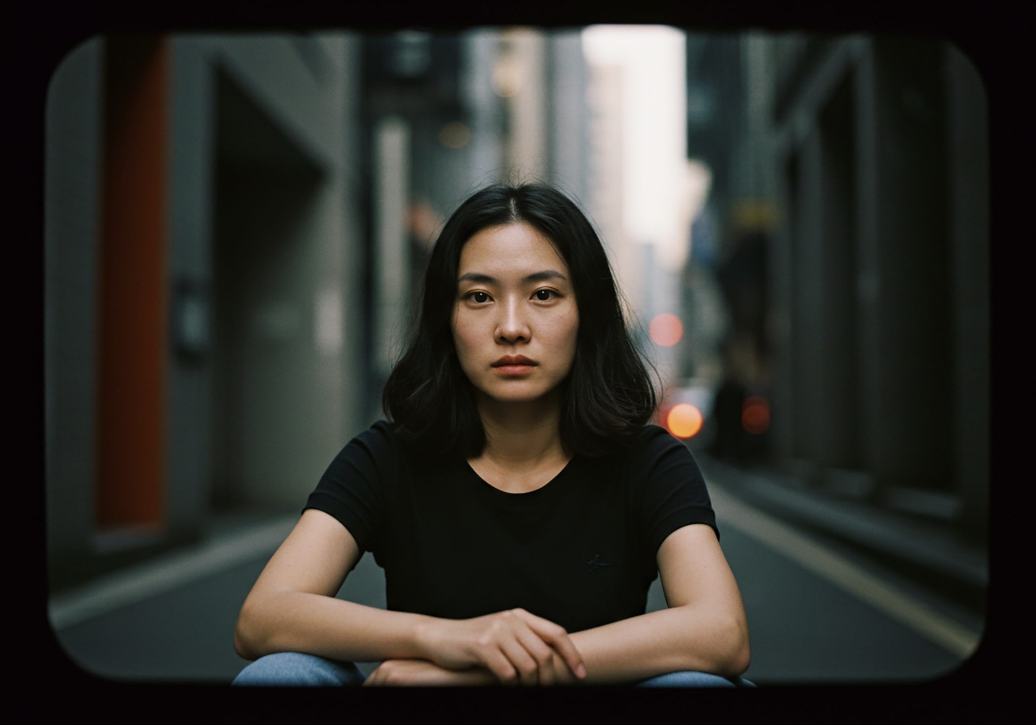 Portrait of an Asian woman sitting in a street with tall buildings.