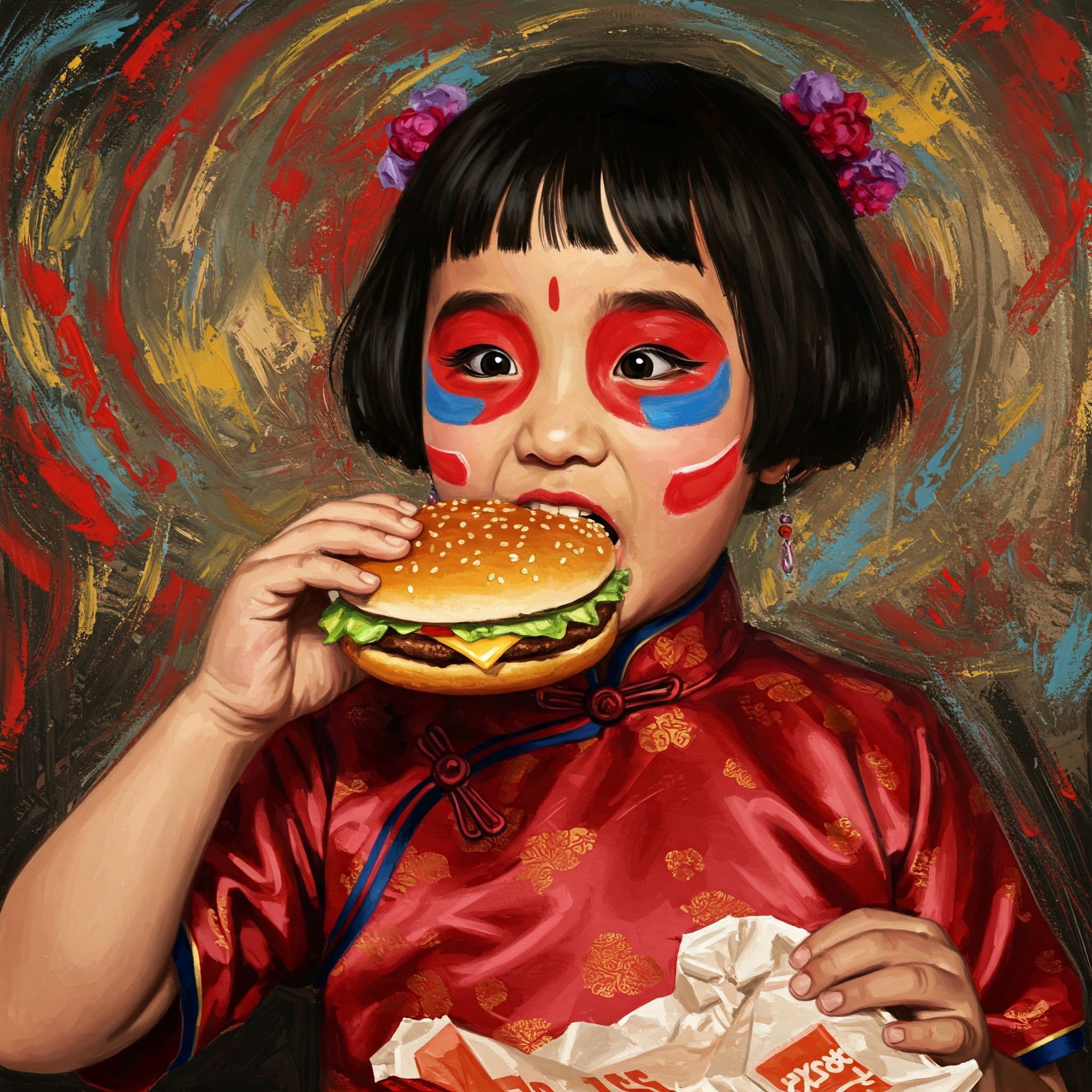 A young girl in traditional dress eating a burger.
