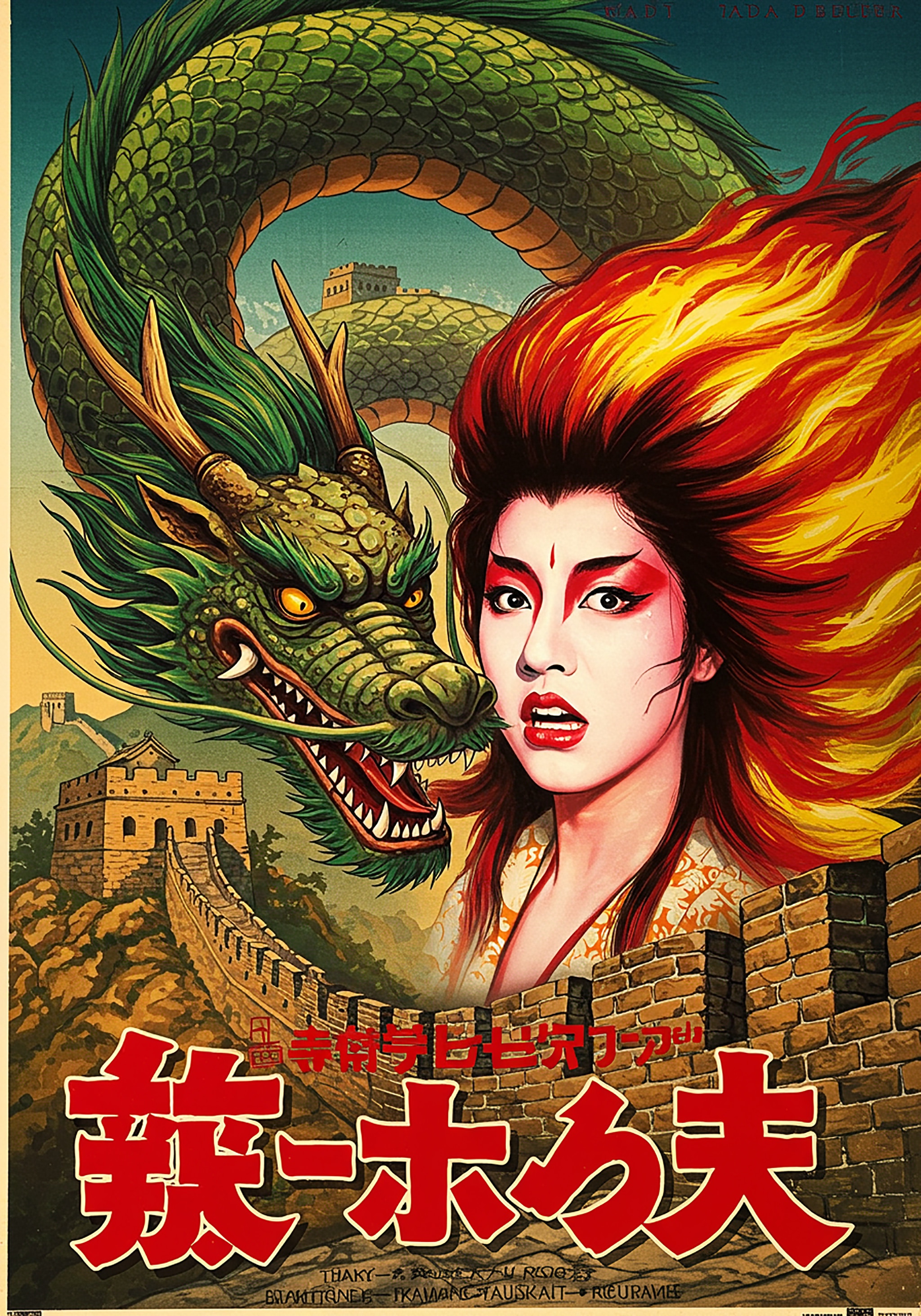 Movie poster of a woman with flaming hair and a green dragon on the Great Wall of China.