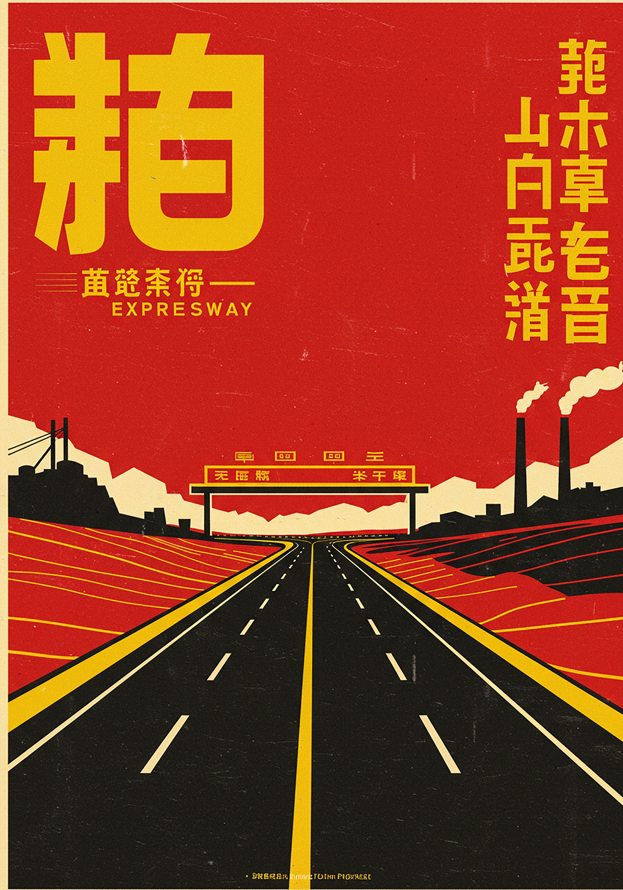 Illustration of an expressway in retro poster style with Chinese characters.