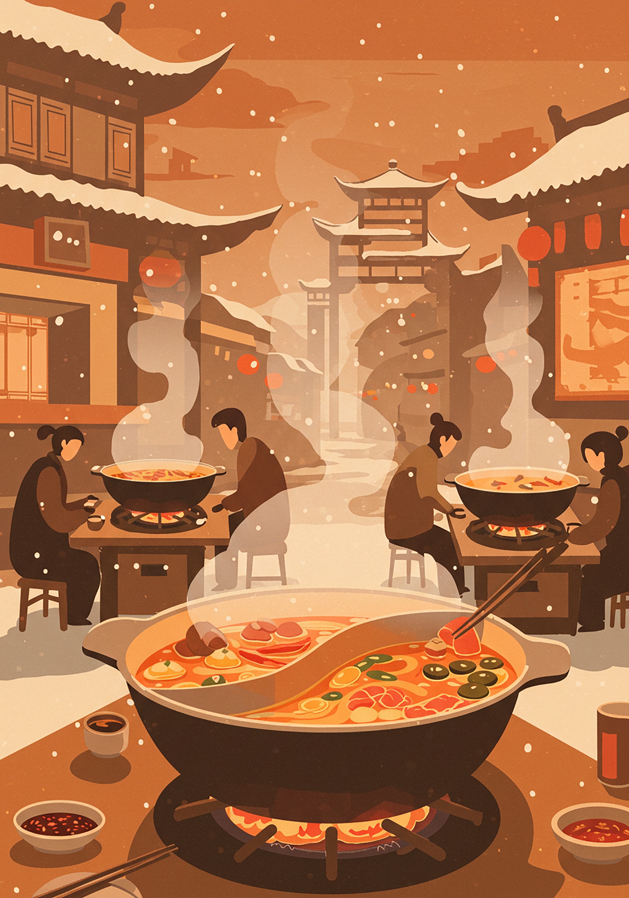 Illustration of people eating hot pot in a snowy, stylized Chinese town.