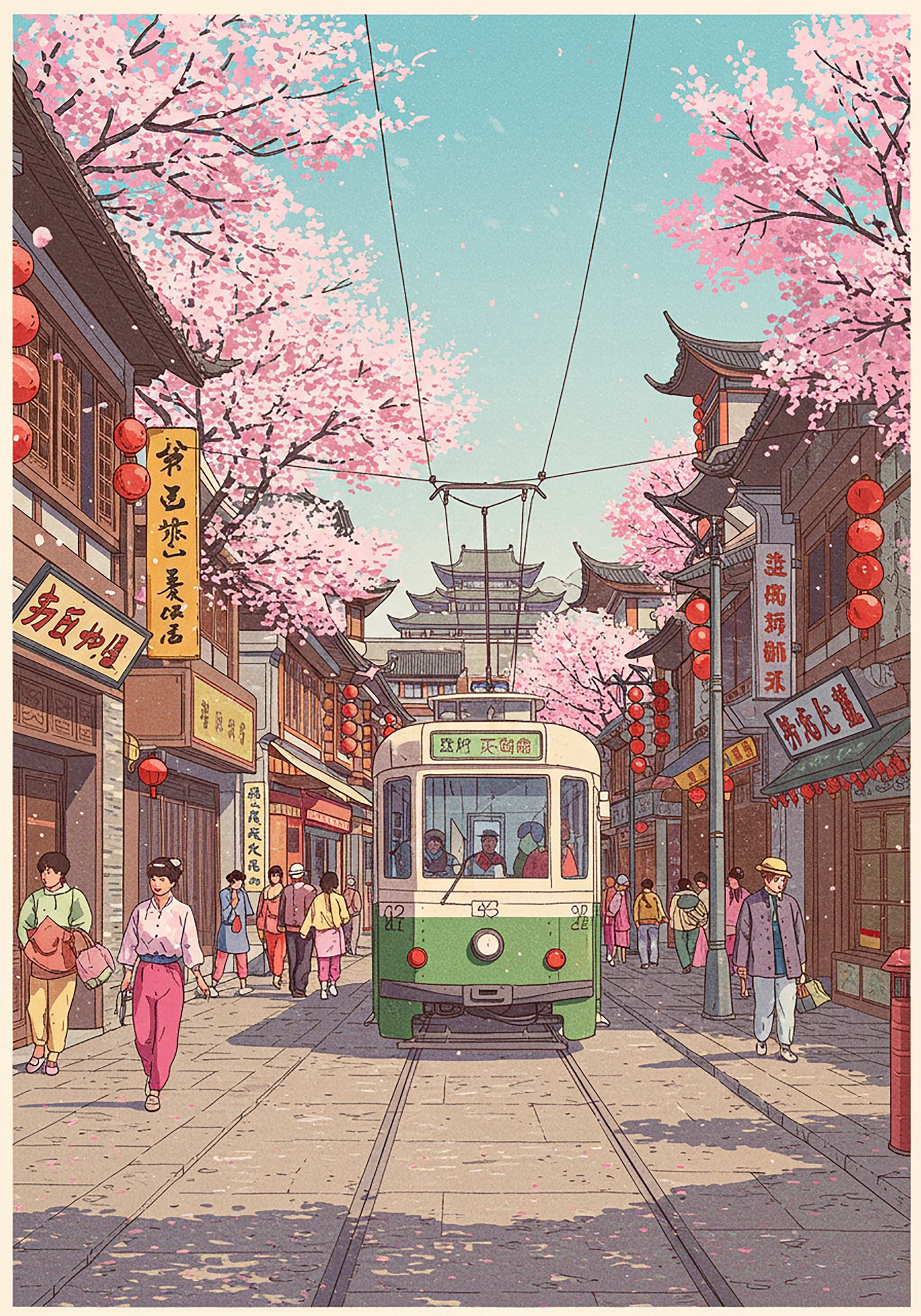 Illustration of a green tram traveling down a street lined with cherry blossoms and Asian-style buildings.