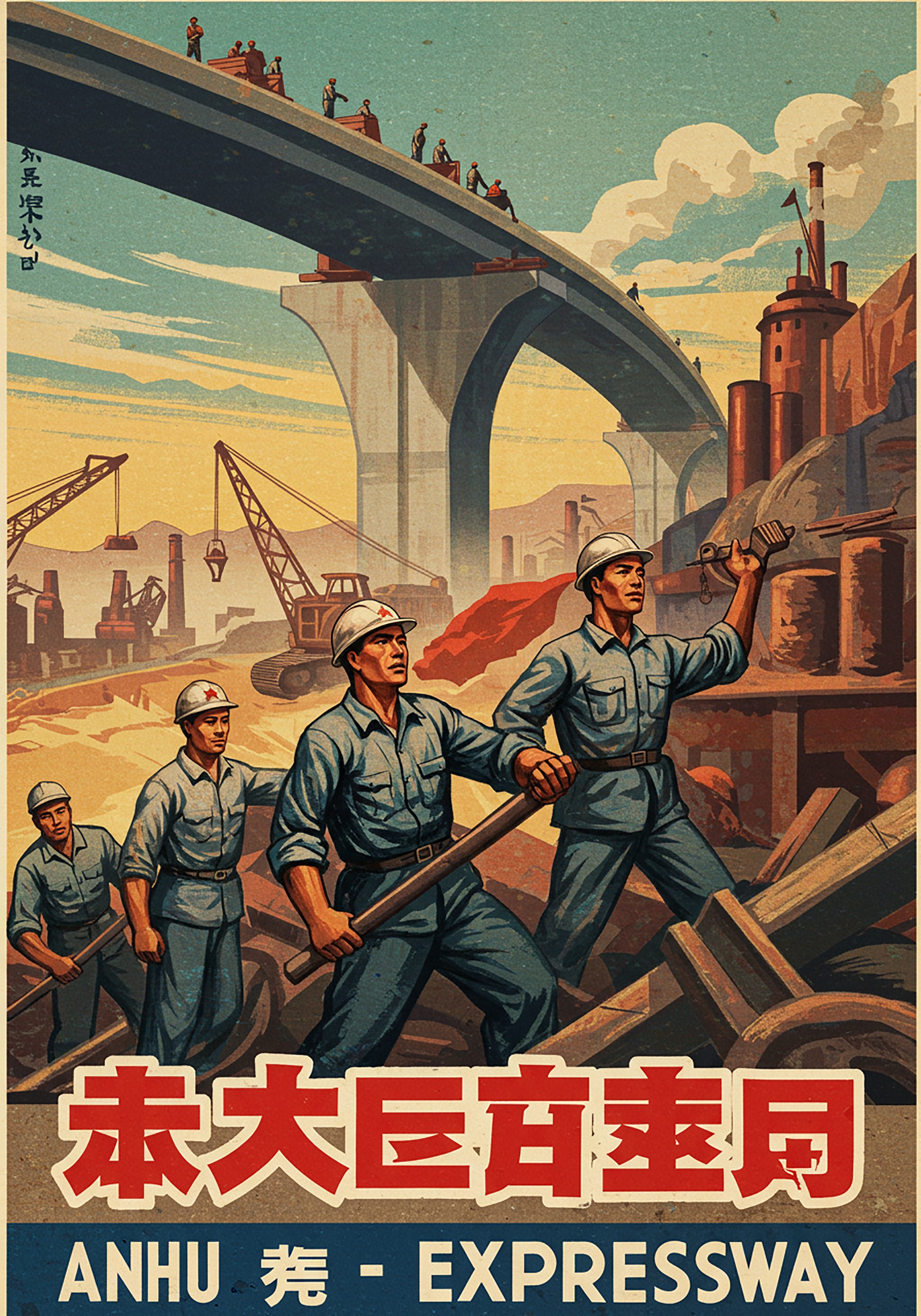 Illustration of Chinese workers building the Anhui Expressway.