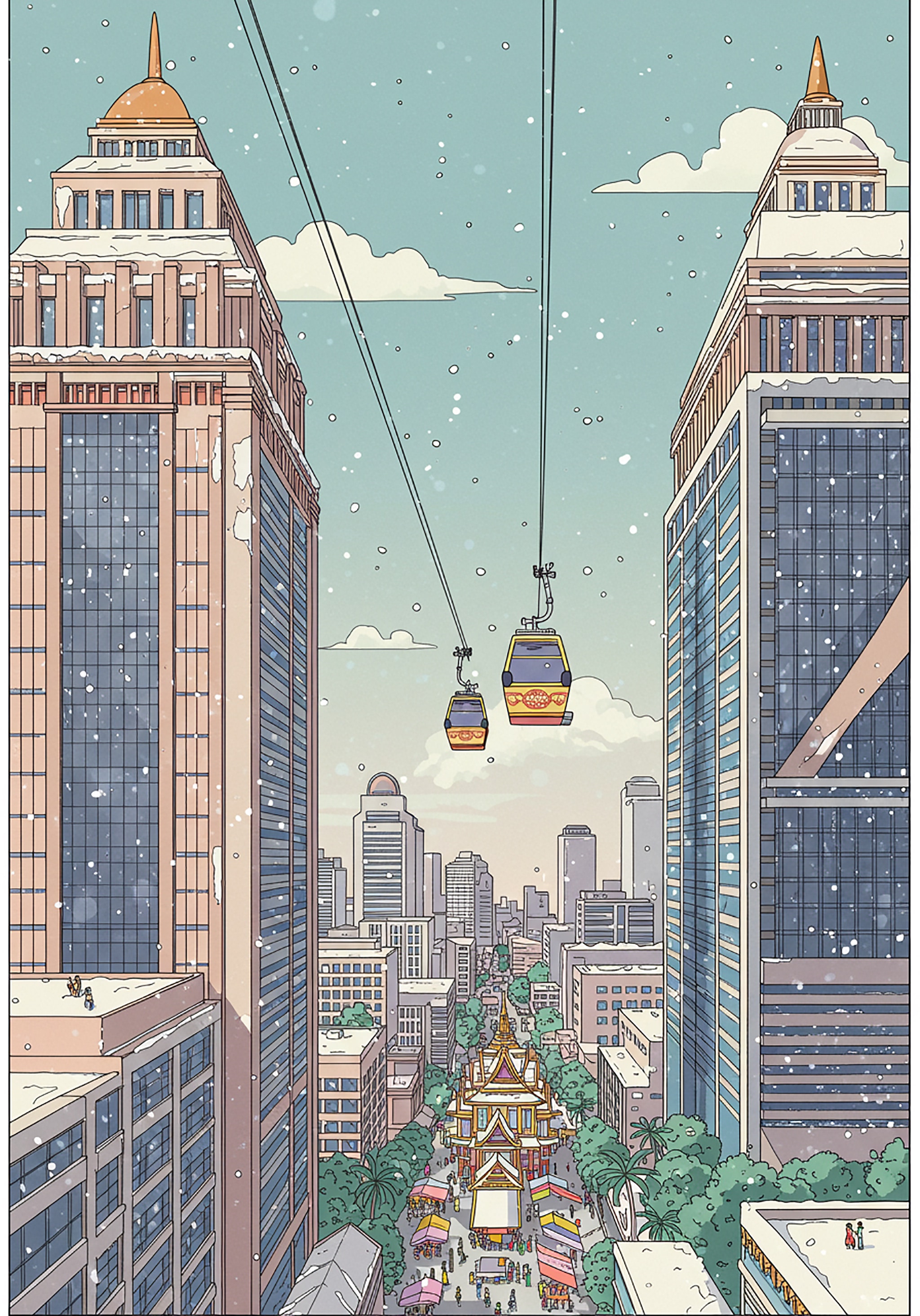 Illustration of city view between two large buildings with gondolas overhead leading to a temple.