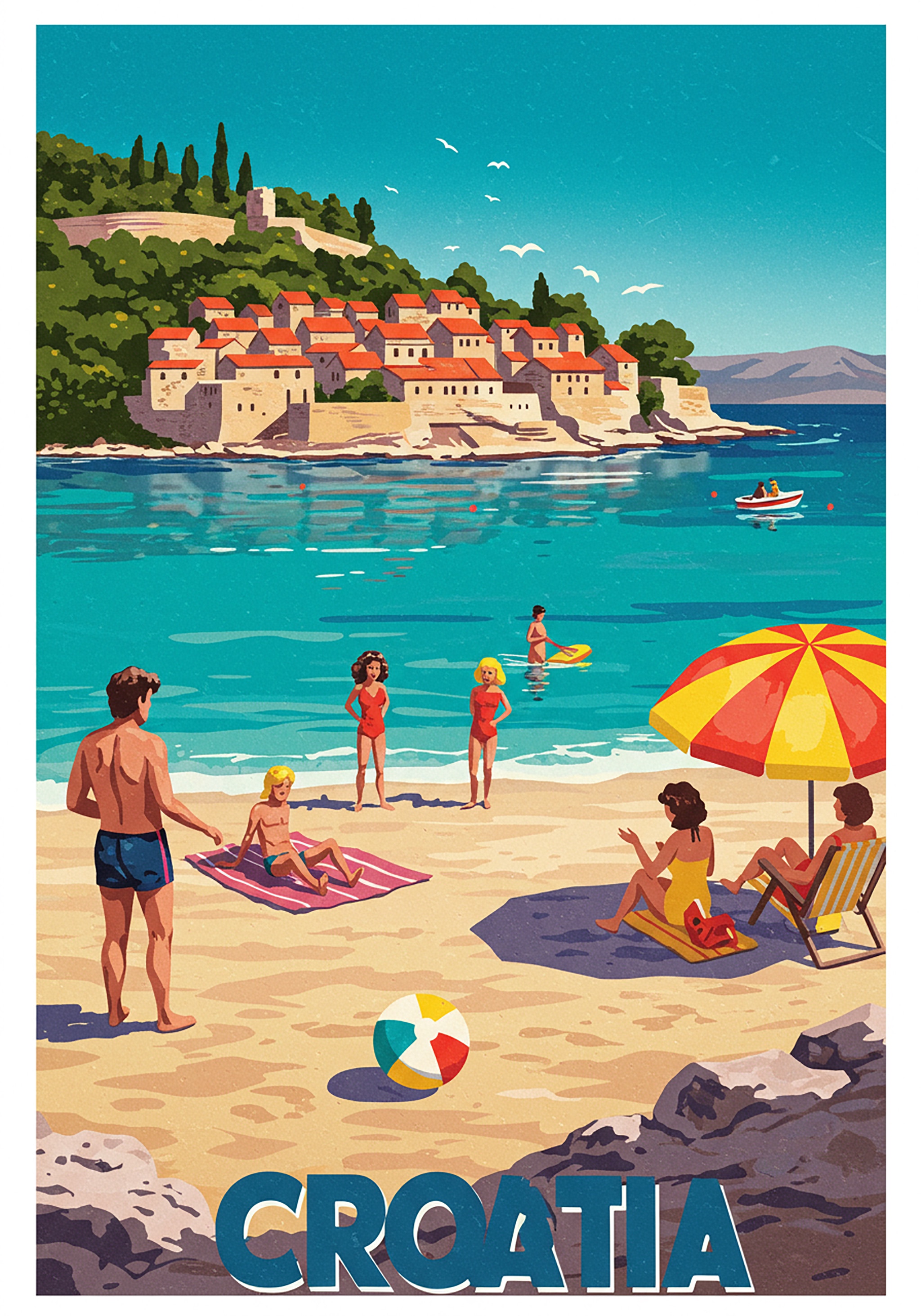 Illustration of a seaside resort with people on a beach and the text 'Croatia' at the bottom.