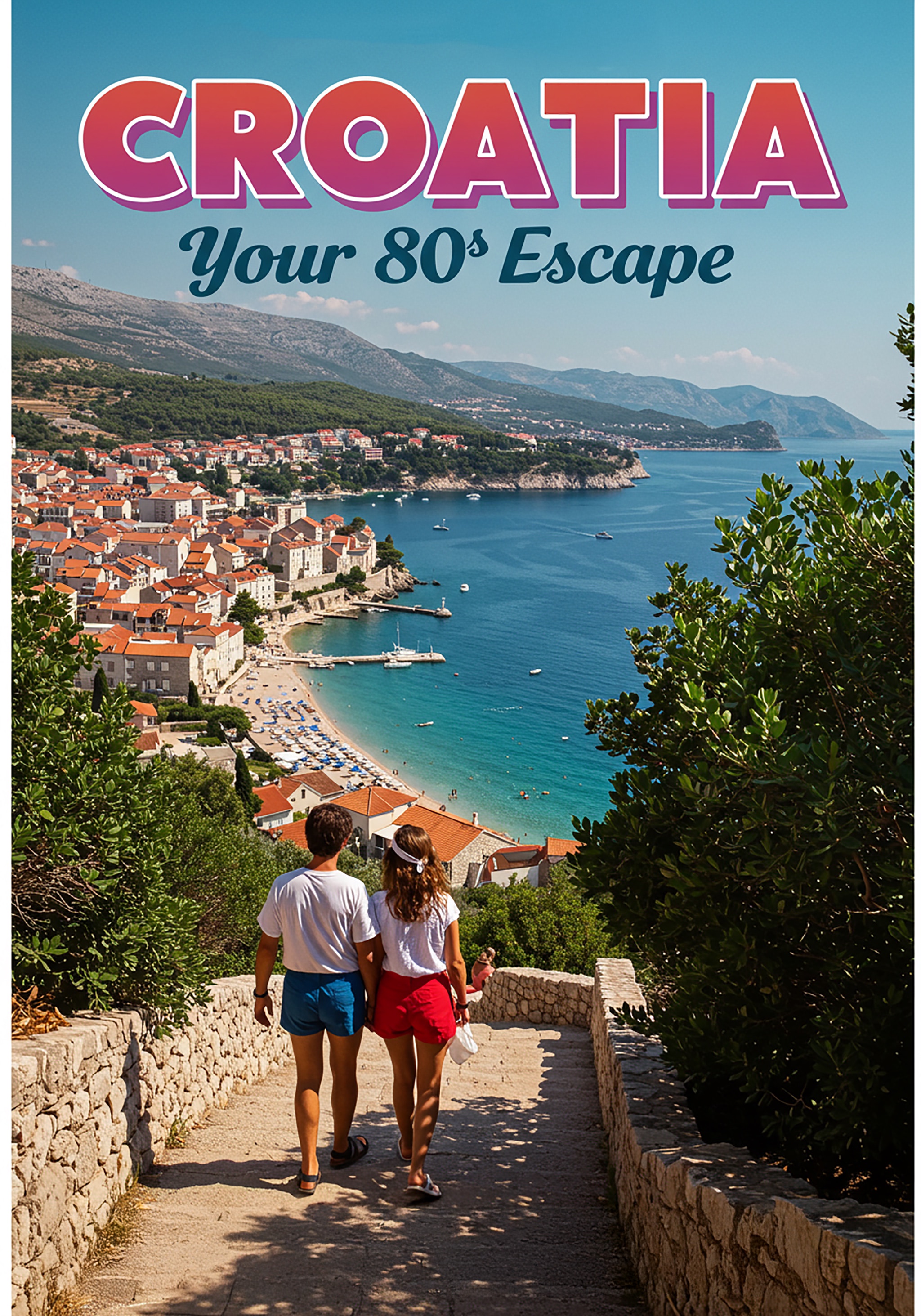Couple walking down stone steps overlooking a coastal town and beach in Croatia.