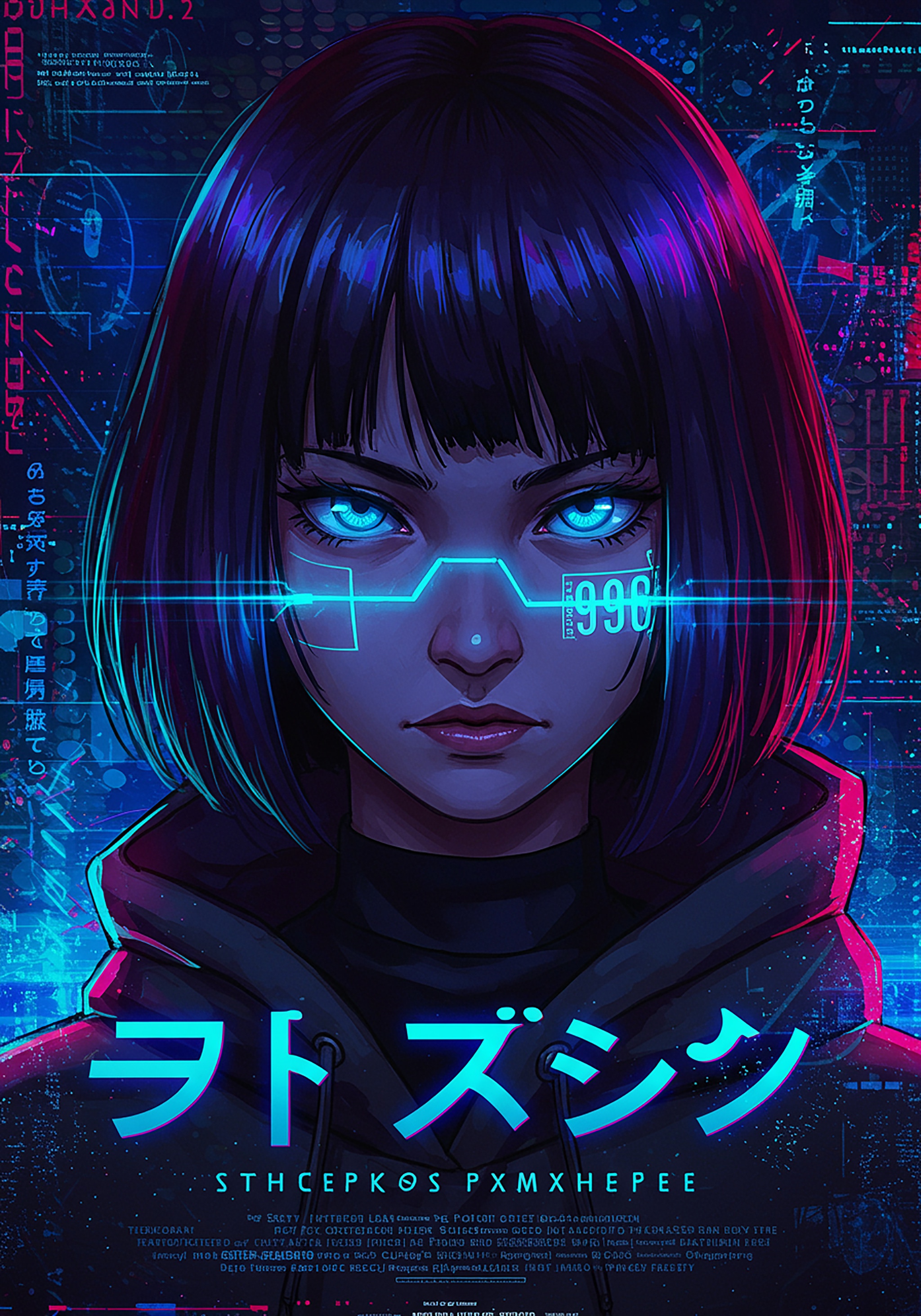 Cyberpunk-style portrait of a woman with glowing blue eyes and a futuristic interface.