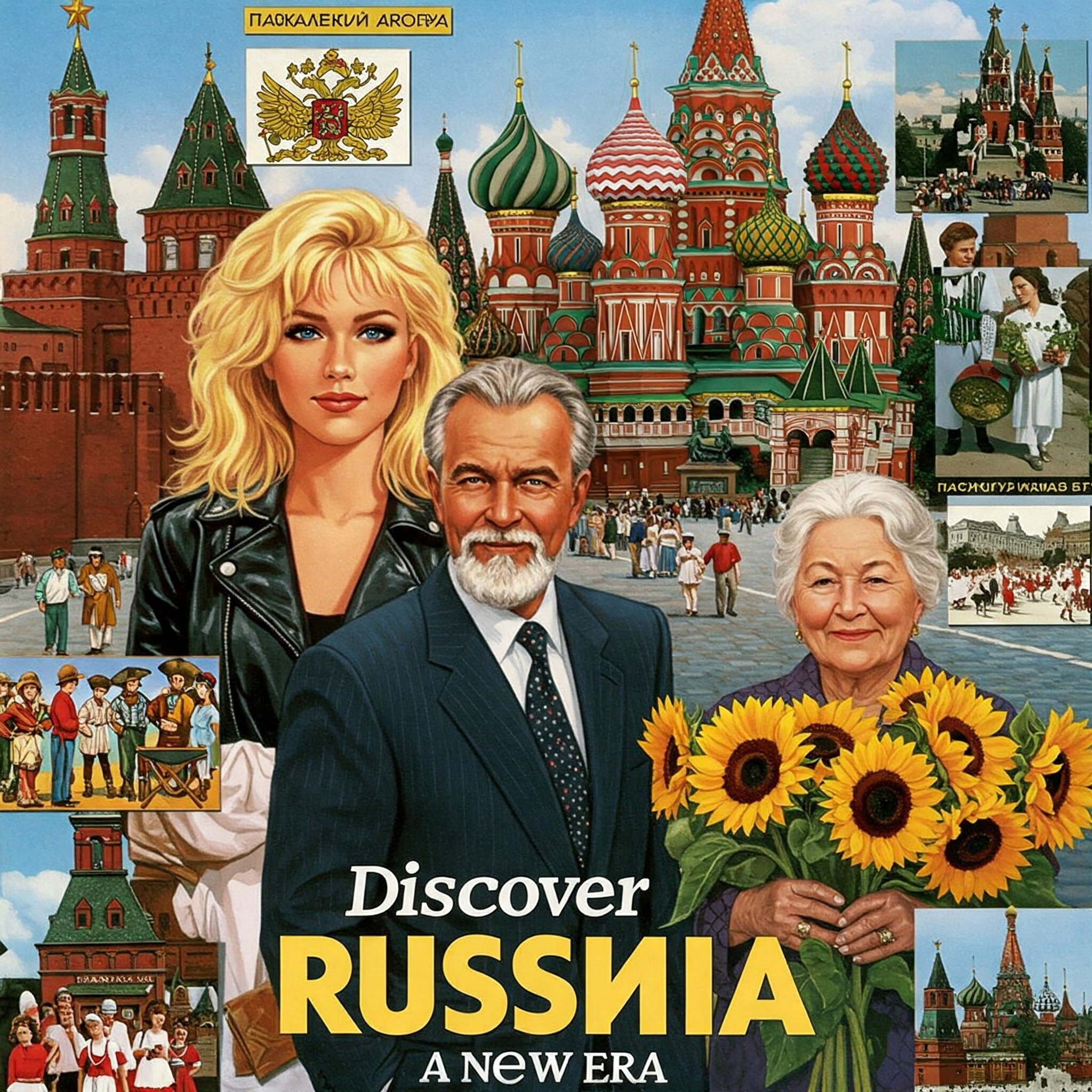 Collage promoting travel to Russia, featuring three people in the foreground, and images of architecture, people and cultural scenes in the background.