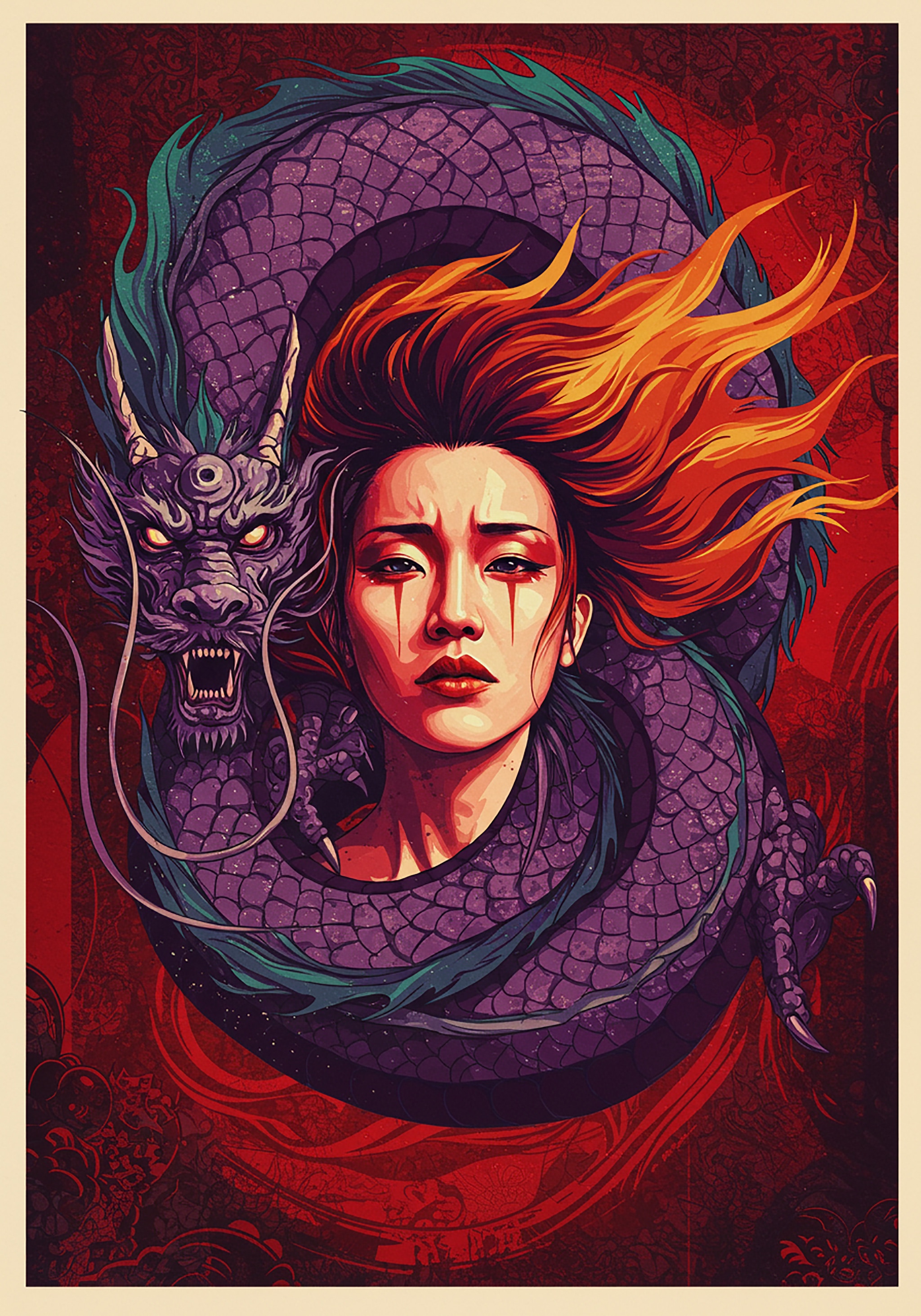 Illustration of a woman with orange hair and a purple dragon.