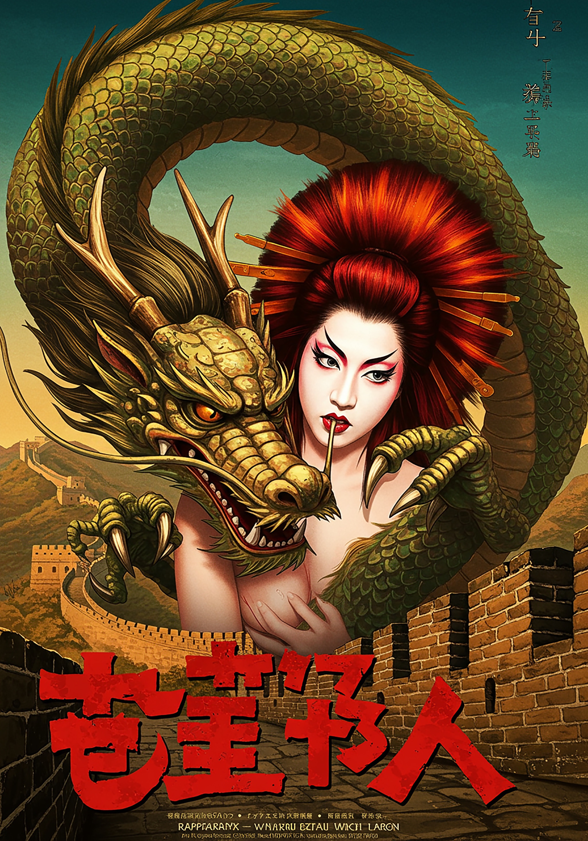 A poster image of a geisha with a Chinese dragon in front of the Great Wall.