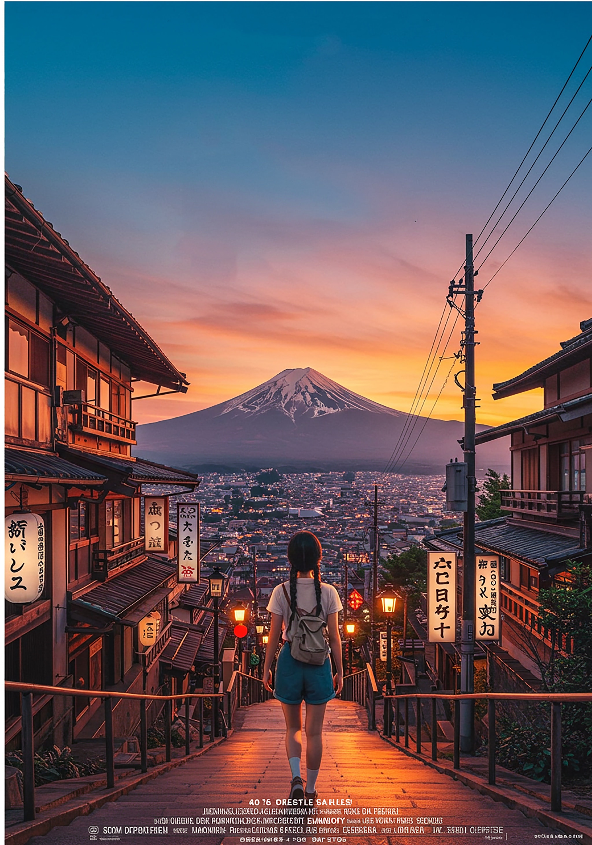 A woman with a backpack walking down steps toward Mount Fuji at sunset.