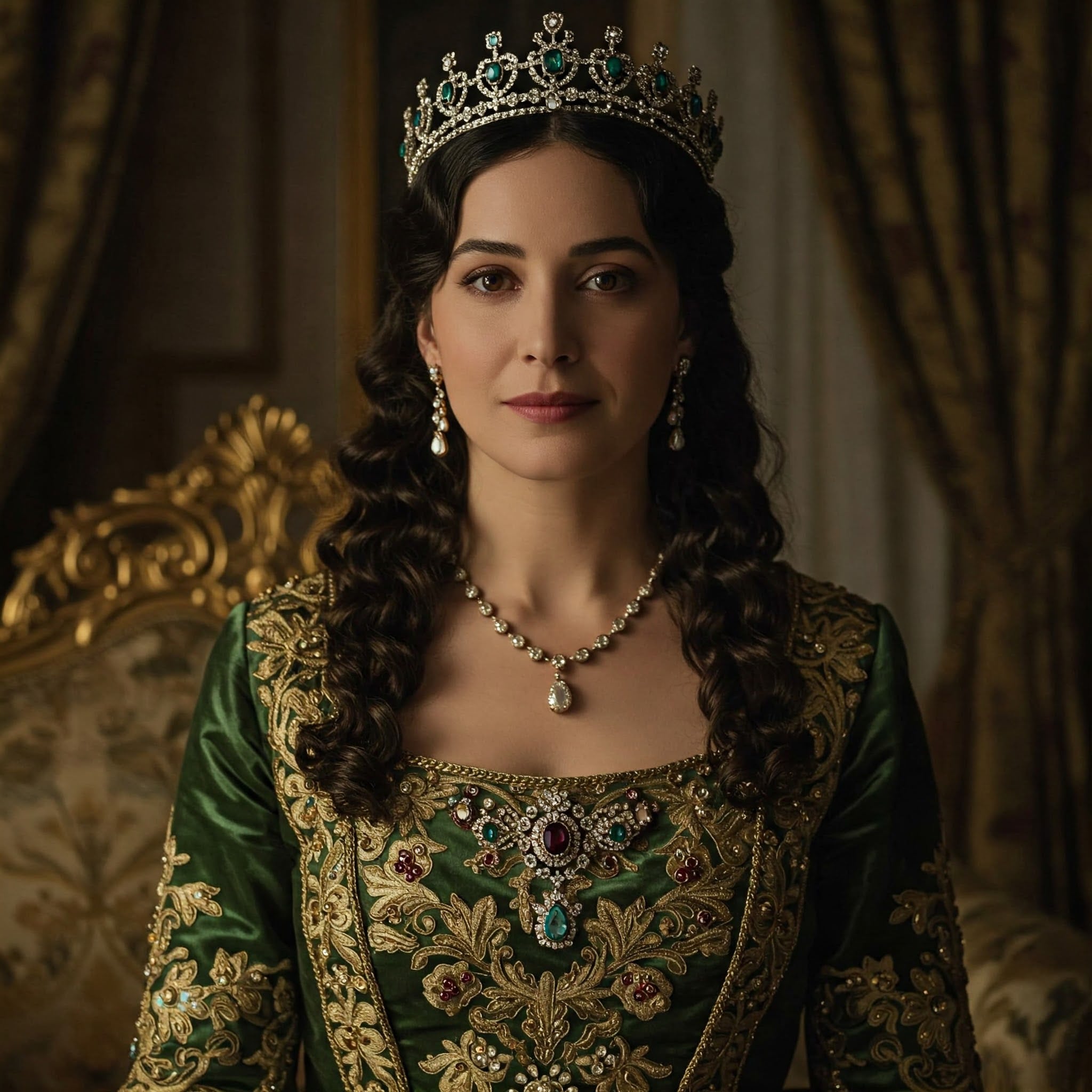 Woman with dark curly hair, wearing a jeweled crown, earrings, necklace, and an ornate green and gold dress.