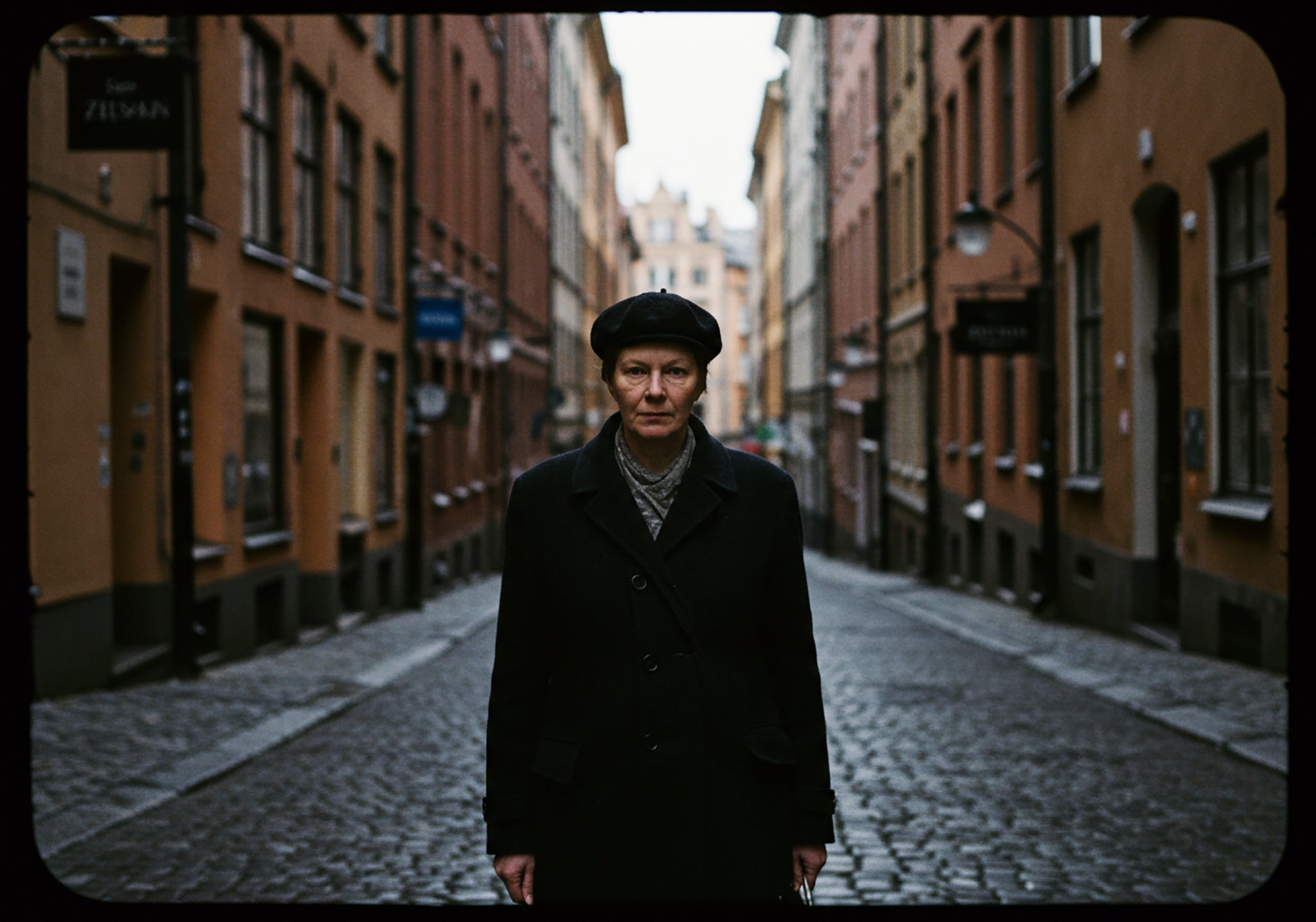 Portrait of a person in a black coat and hat standing on a cobblestone street framed by tall buildings.