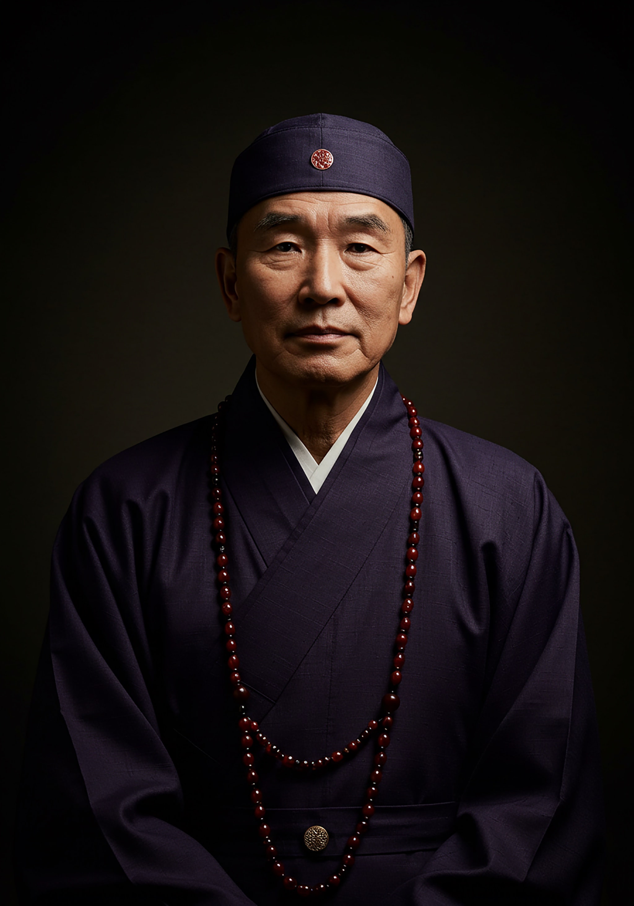 Portrait of an Asian man wearing religious clothing and beads.