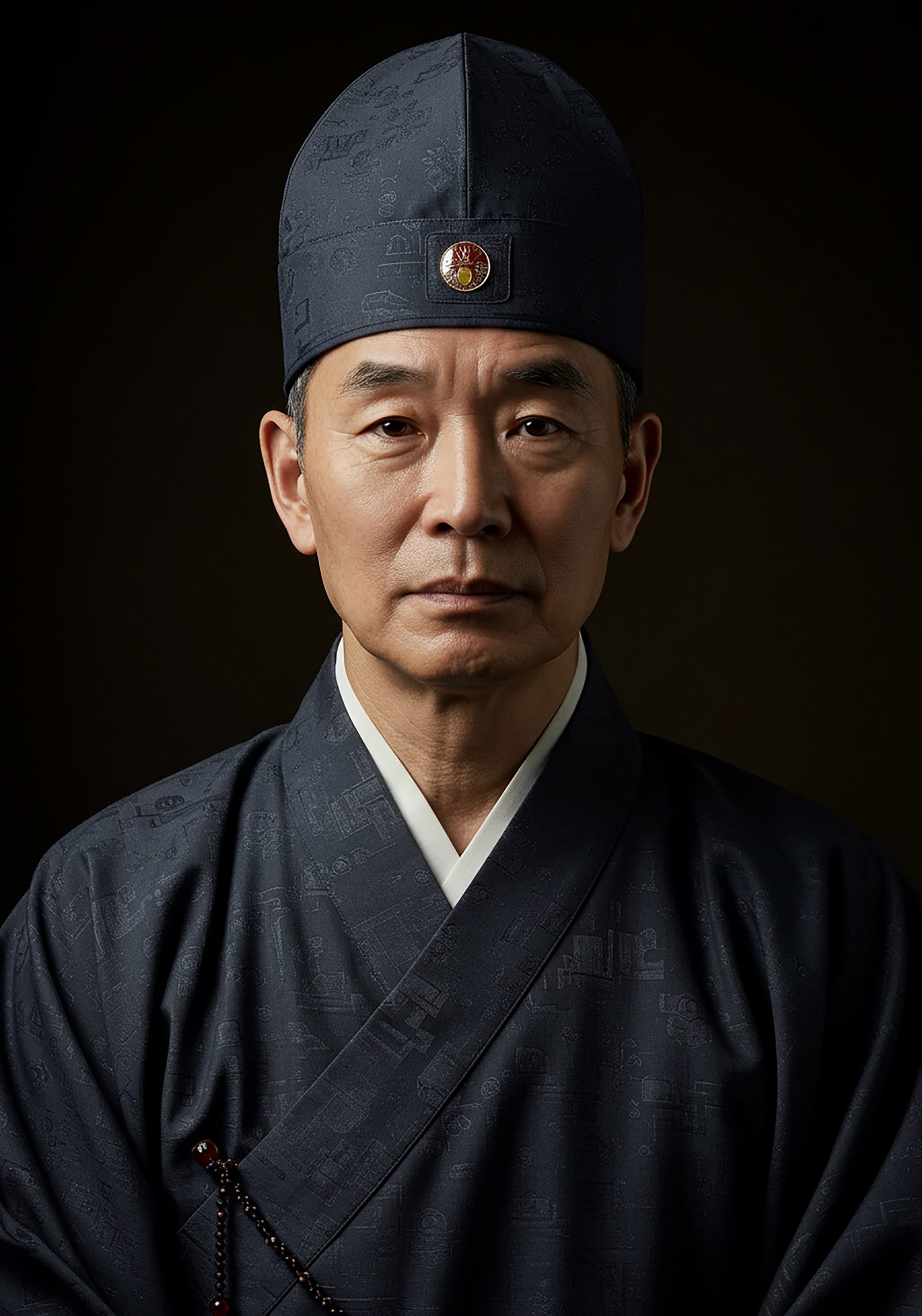 Portrait of a man wearing traditional Korean clothing and hat.