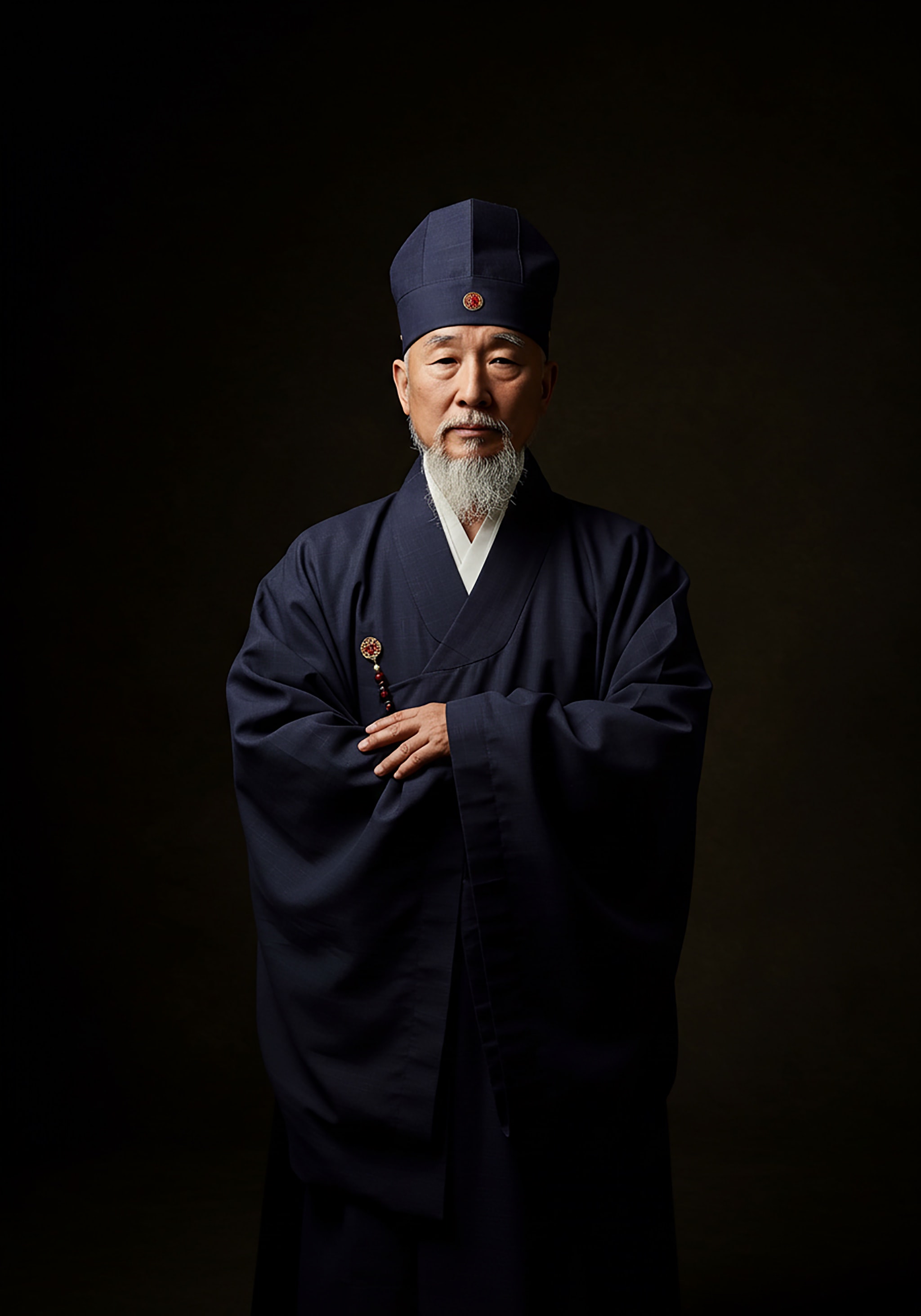 Portrait of a mature man in traditional Korean attire.