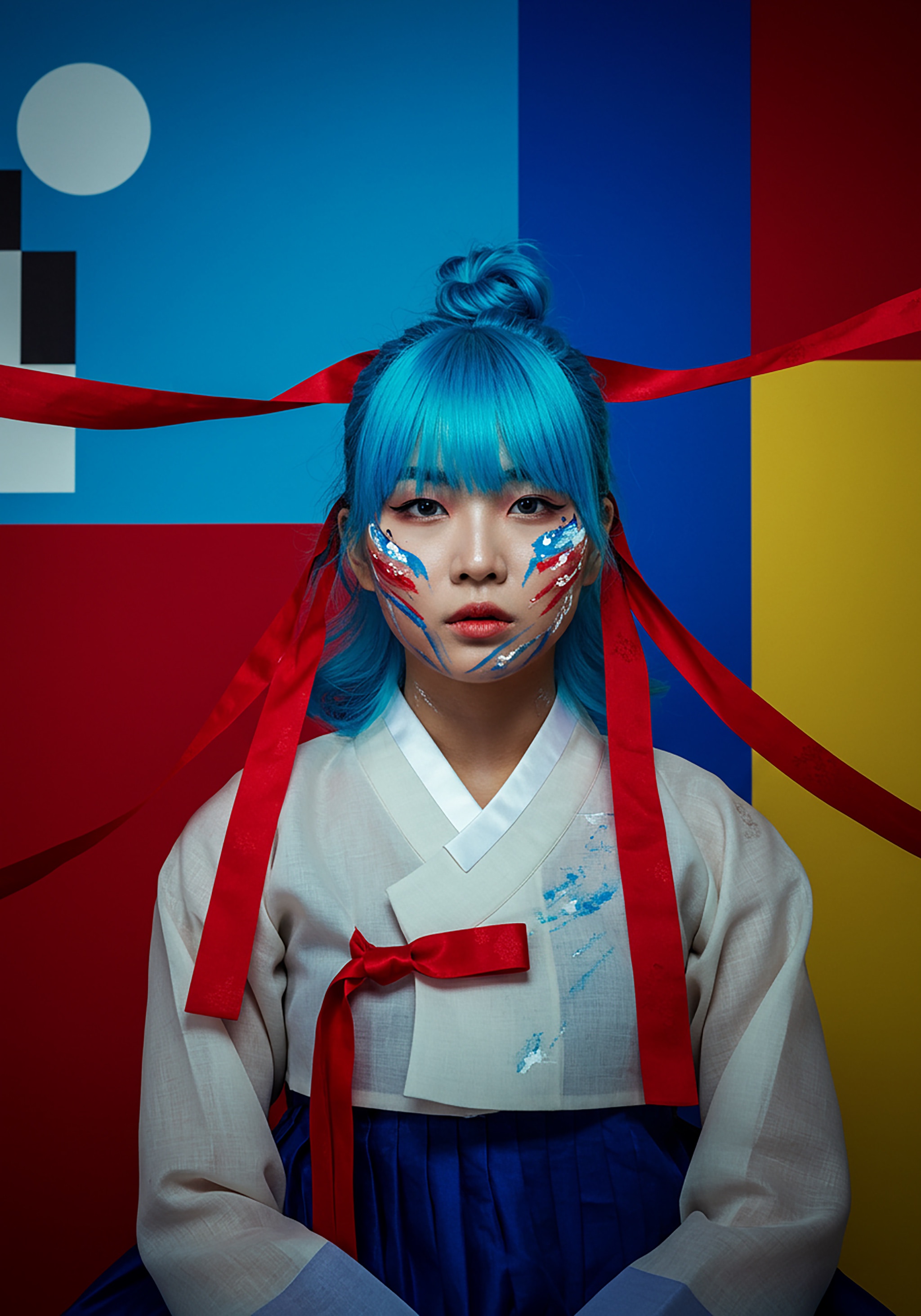 Woman with blue hair and face paint wearing a traditional Korean dress against a colorful geometric background.