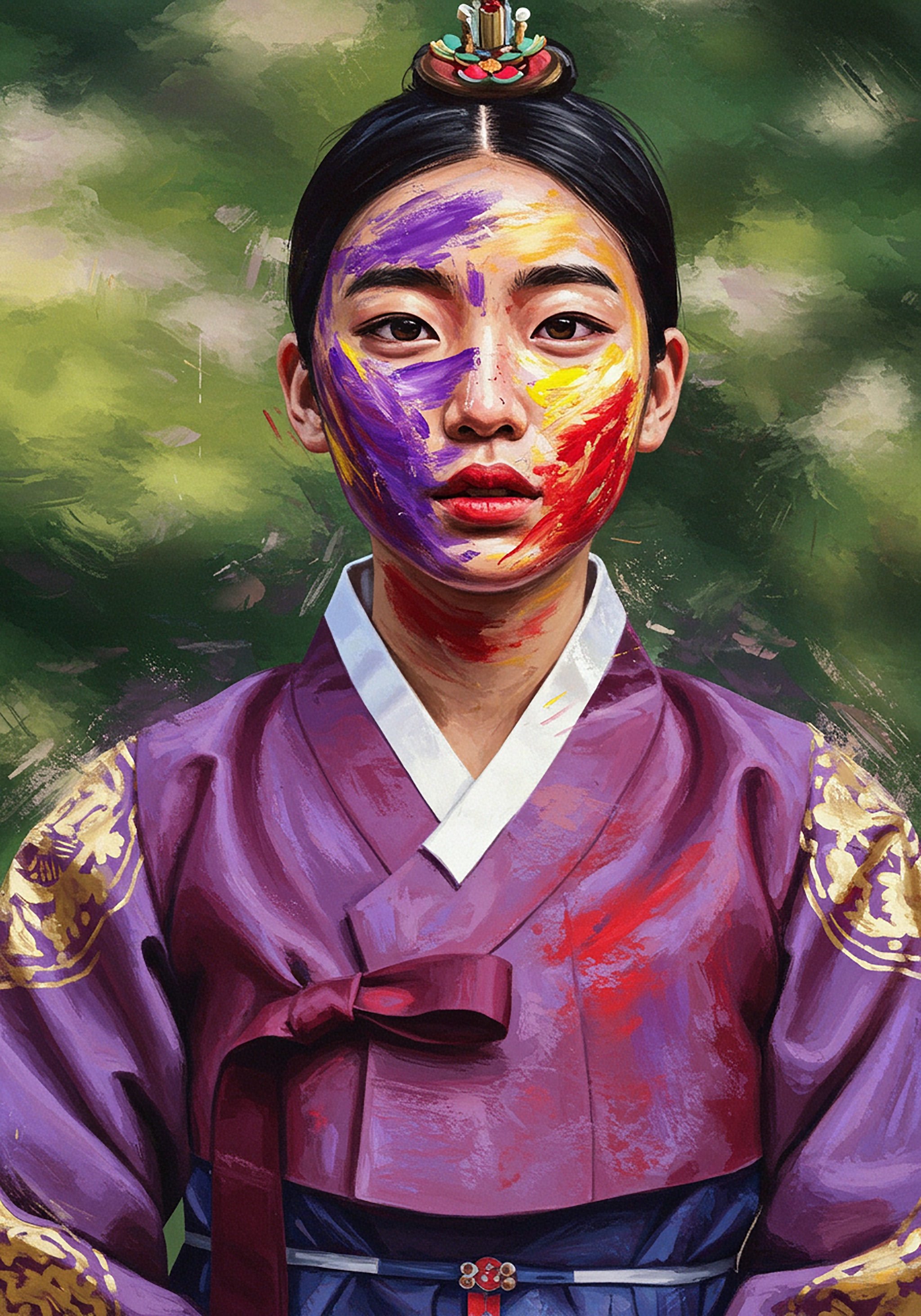 Woman in hanbok with face paint.