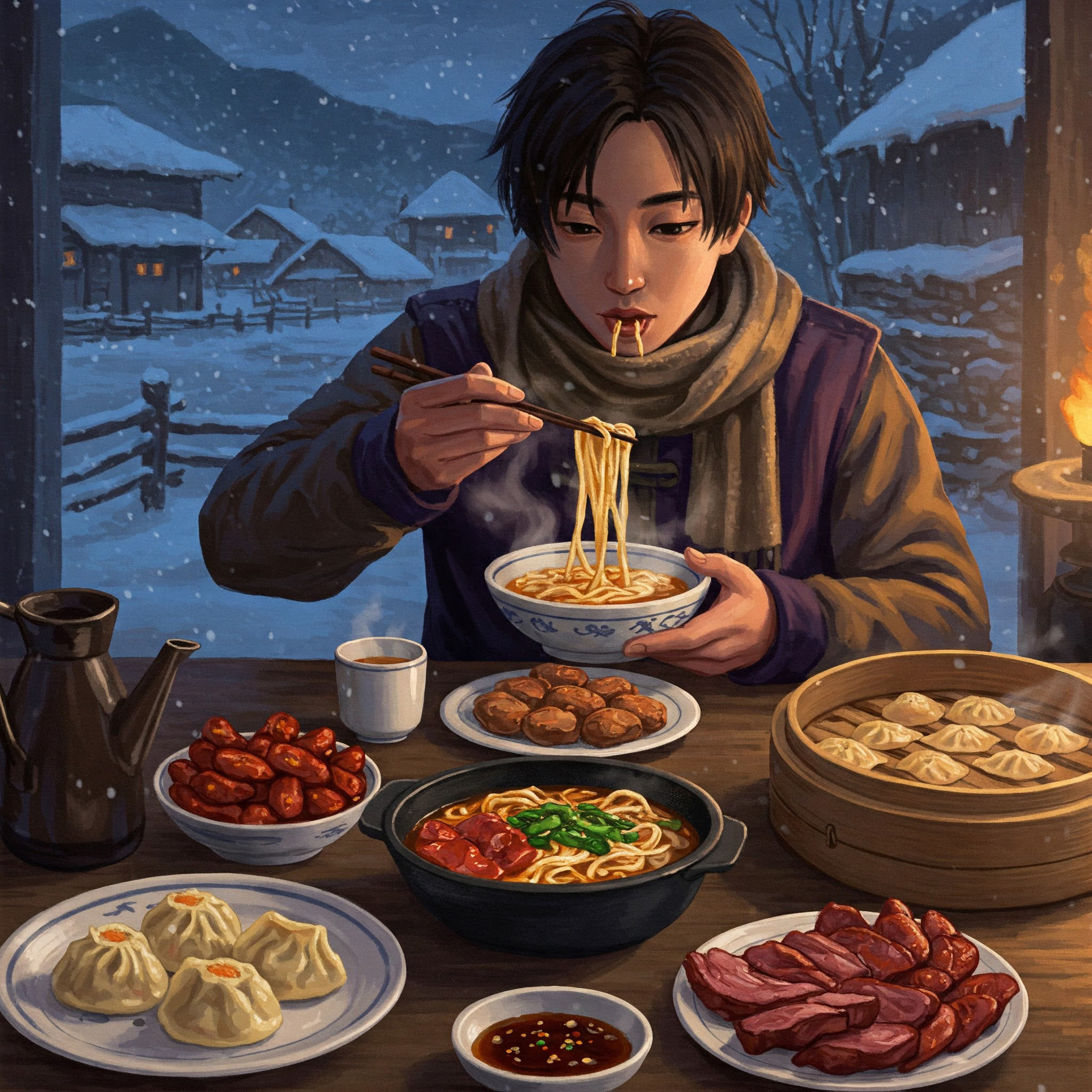 Illustration of a person eating noodles at a table filled with various Chinese dishes, with a snowy village scene in the background.