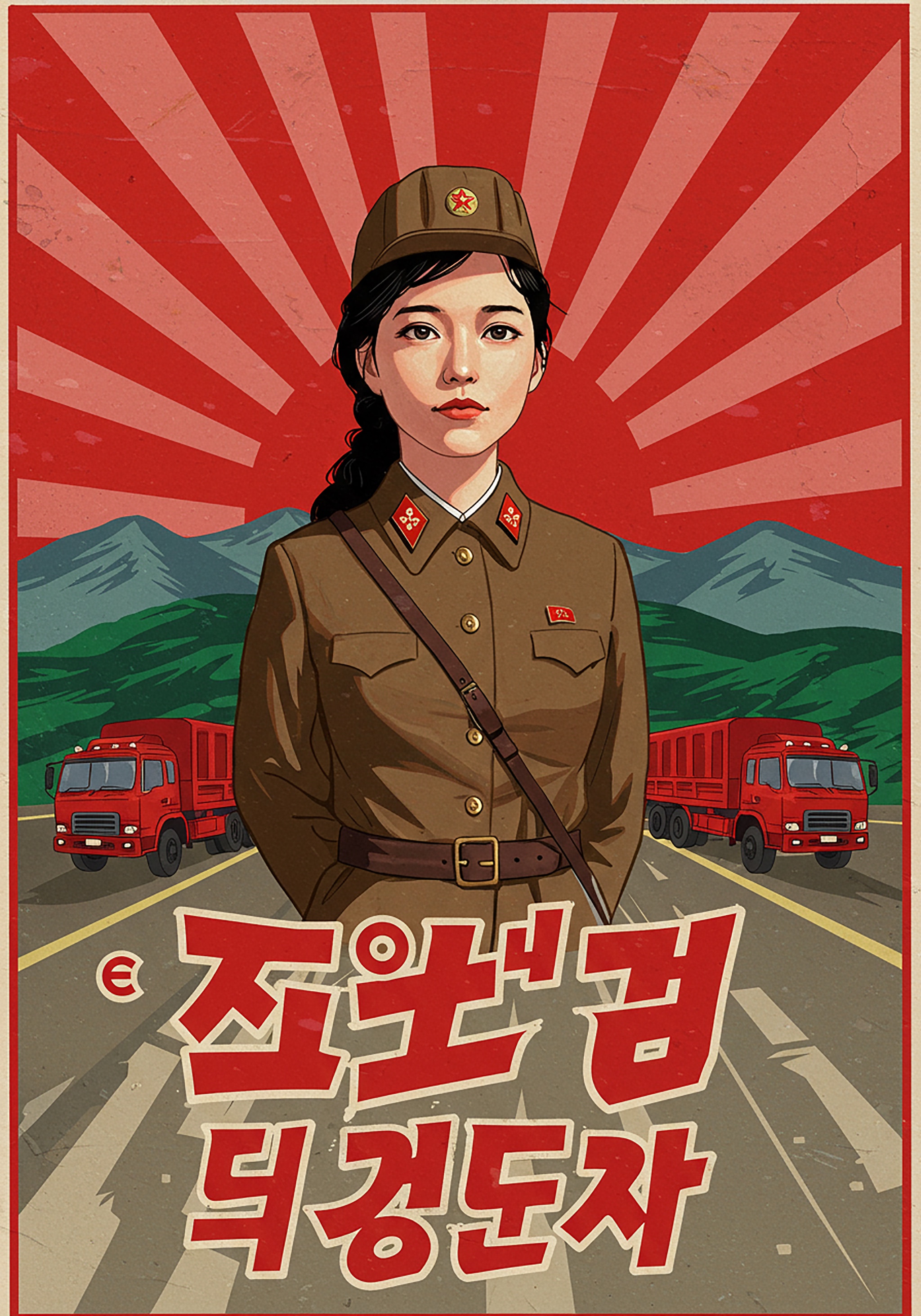 Propaganda poster of a woman in a military uniform, with a sunburst background, trucks, and Korean text.