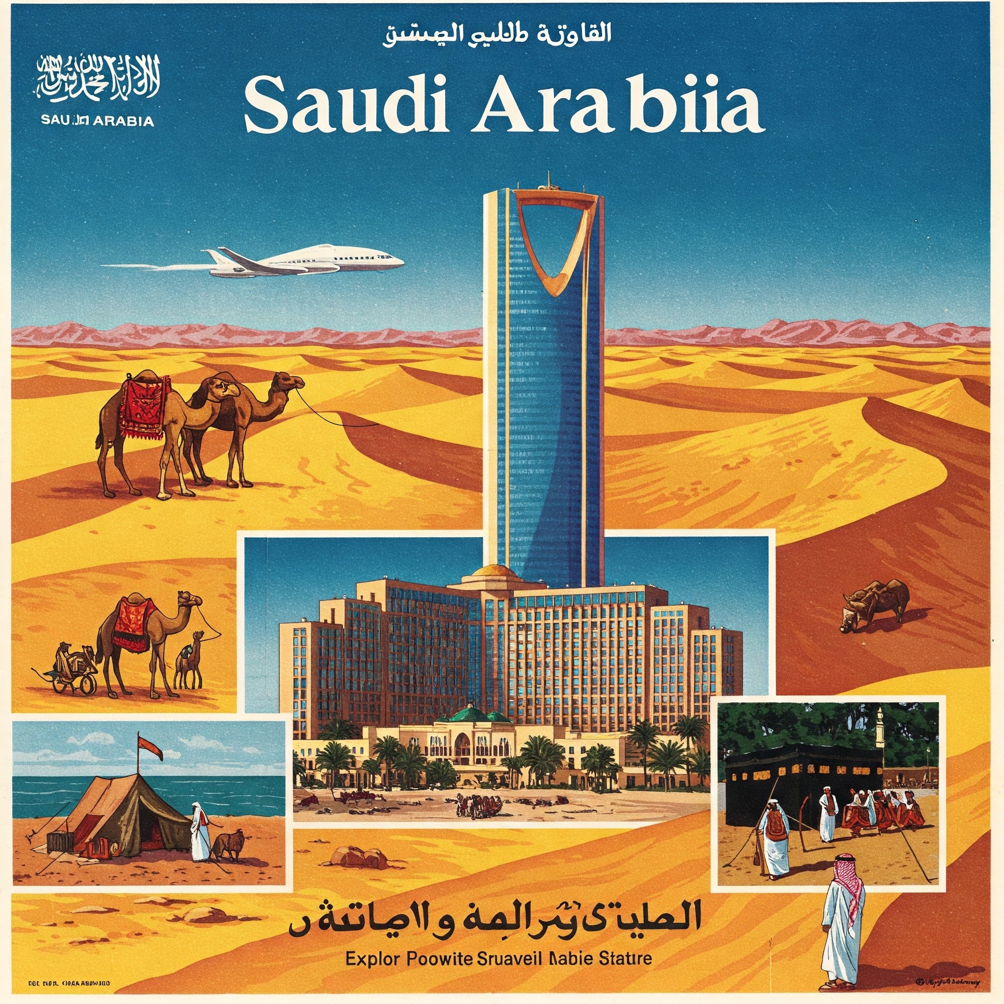 Vintage-style travel poster for Saudi Arabia showing camels in the desert, an airplane, a tall skyscraper, desert dunes, and groups of people dressed in traditional clothing.