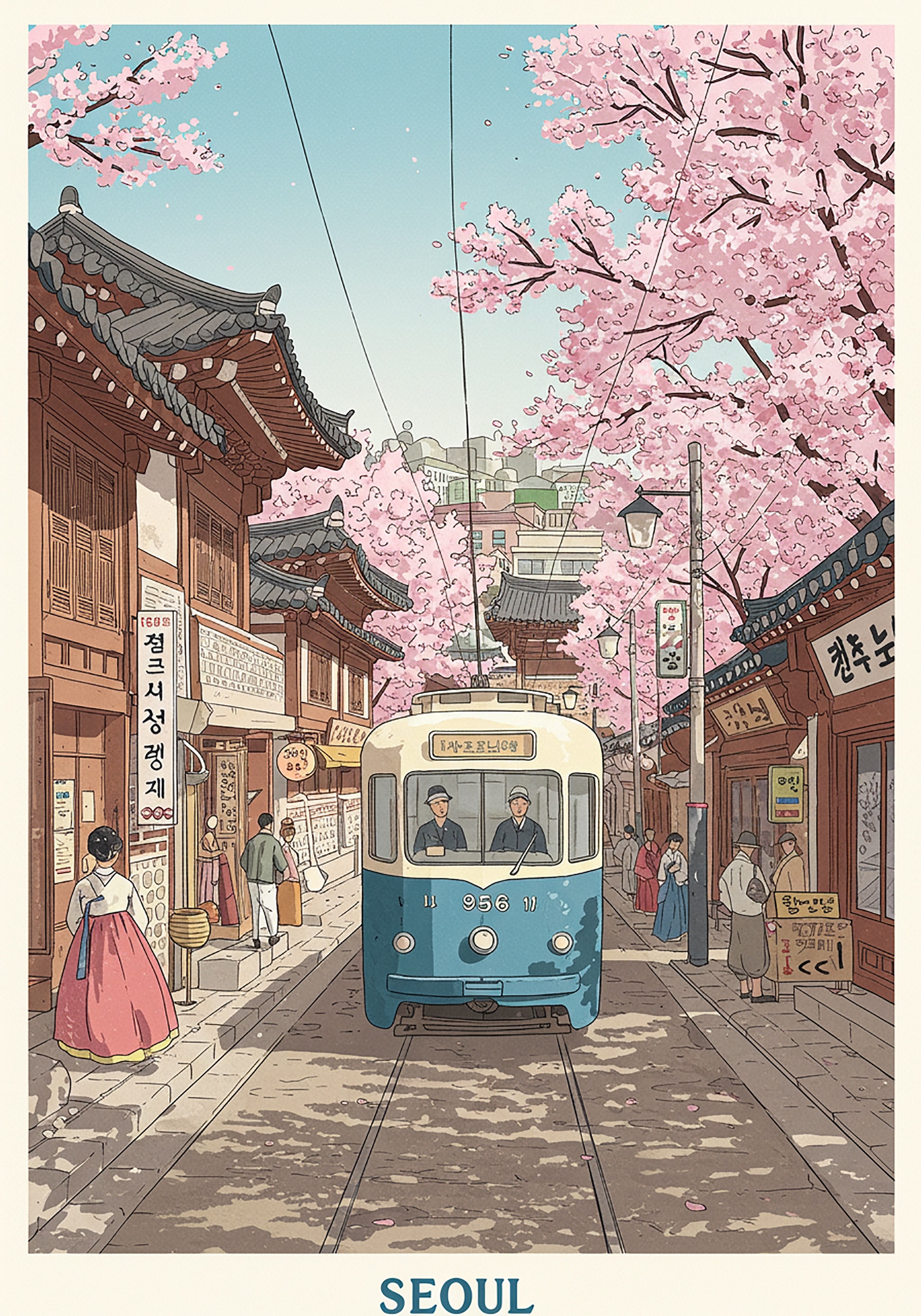 Illustration of a tram in Seoul surrounded by cherry blossoms.
